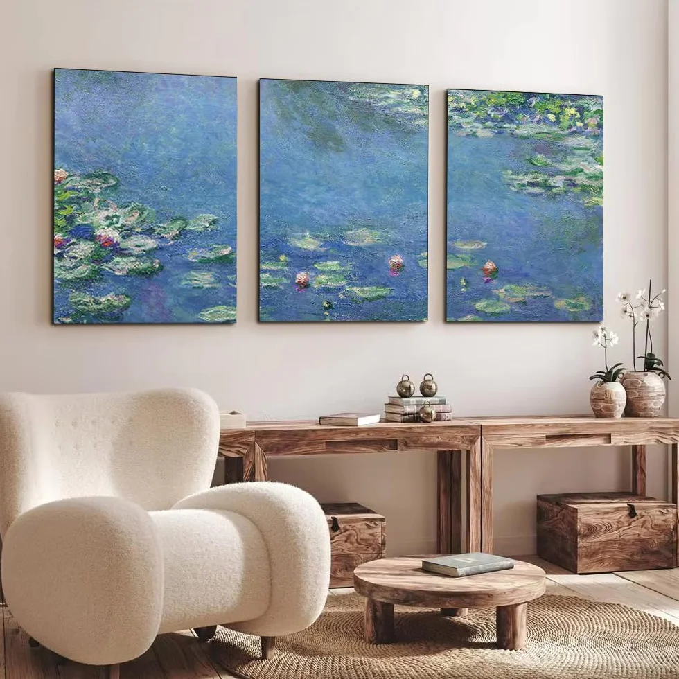 Cuadro de lienzo enmarcado de 3 paneles, Nenúfares 1906 de Claude Monet, lámina artística, póster, imágenes modernas, decoración para el hogar 60x85cm/24x34inx3marco interior