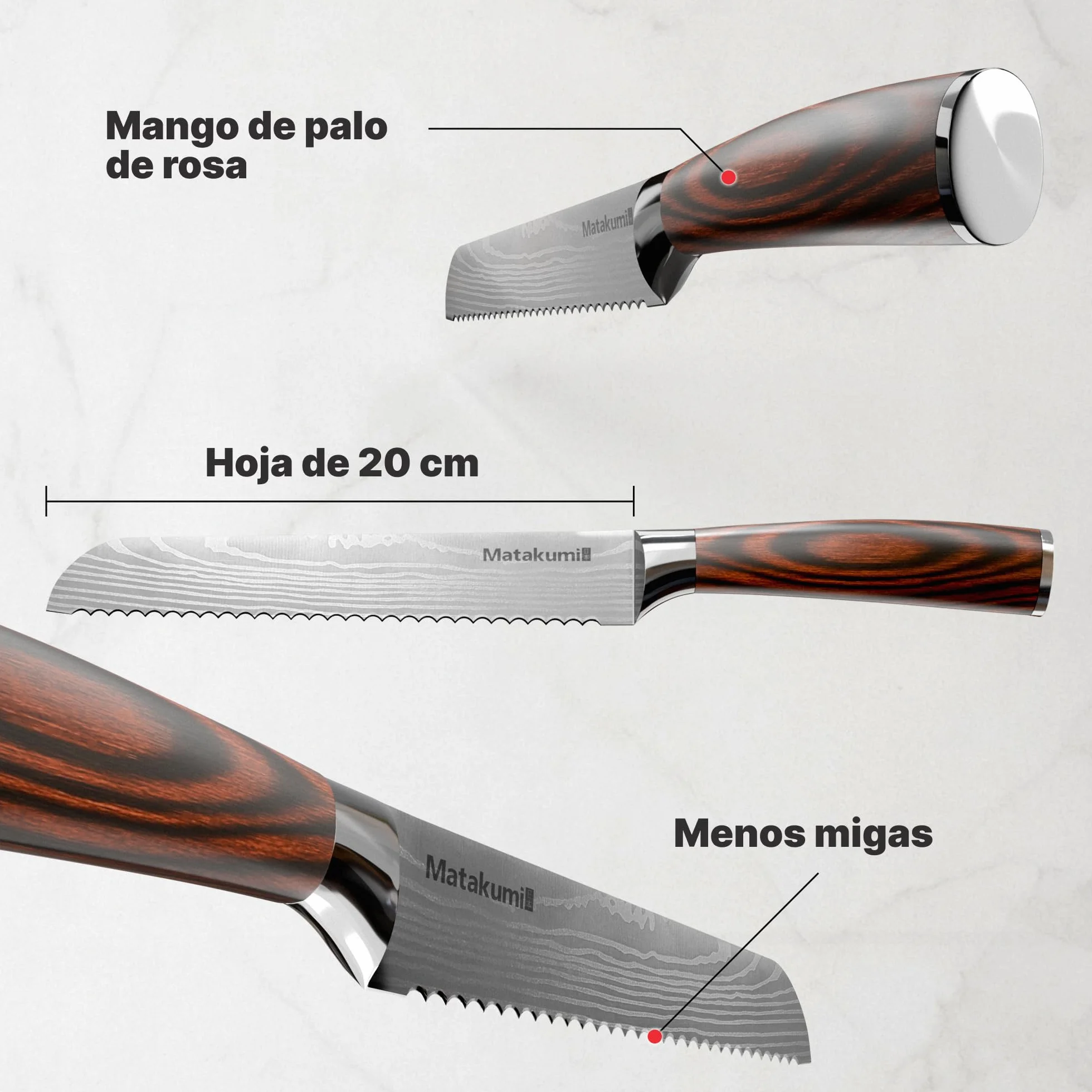 Matakumi Cuchillo Pan 20 cm Hoja Dentada – Extra Afilado Cuchillo Panero Hecho de Acero Inoxidable – Cuchillo Para Pan en Estilo Damasco – Cuchillo de Sierra de Cocina Para Pan