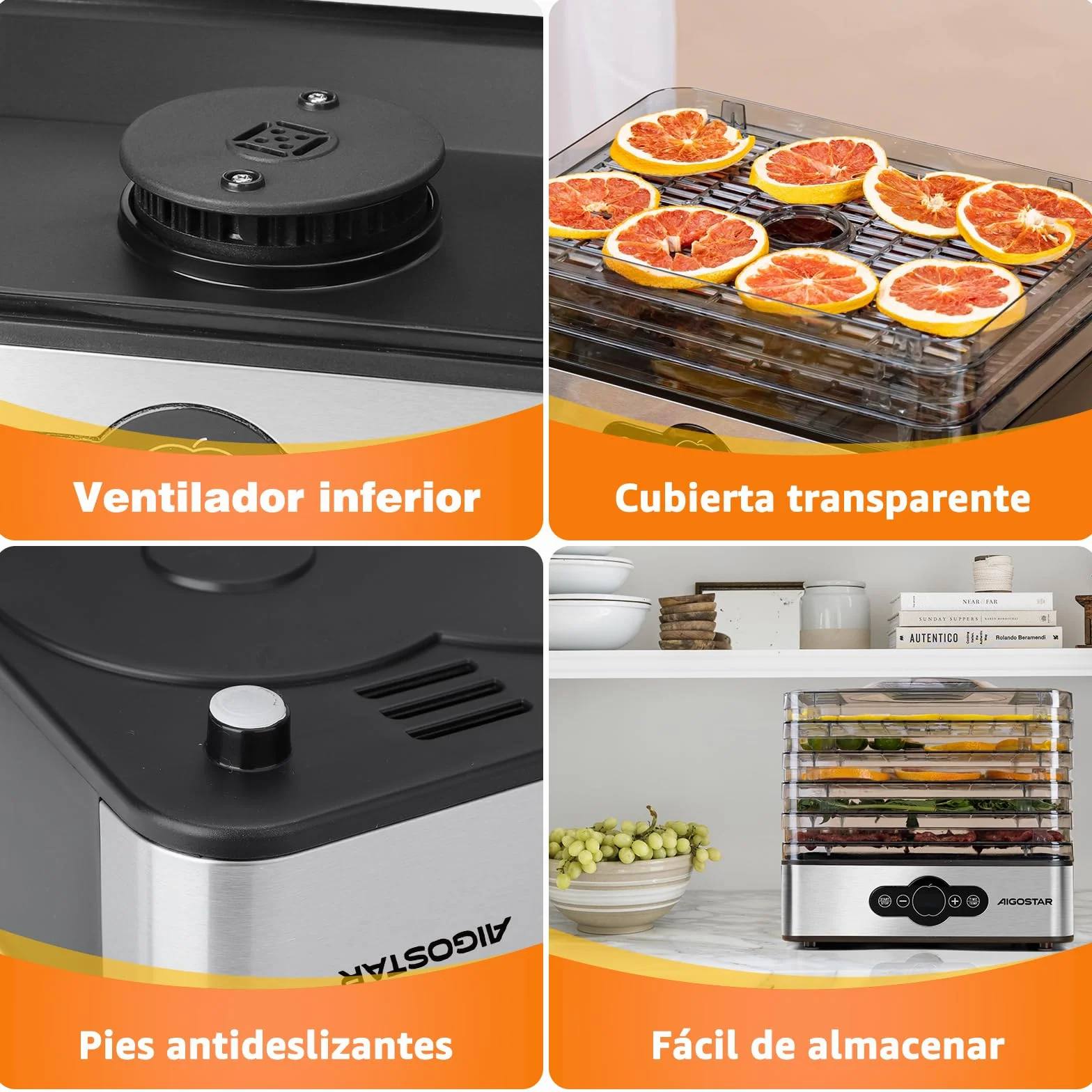 Aigostar Crispy Deshidratador de Alimentos 240W 5 Bandejas Altura Regulable Pantalla LED Temporizador 99H Temperatura Ajustable Sin BPA