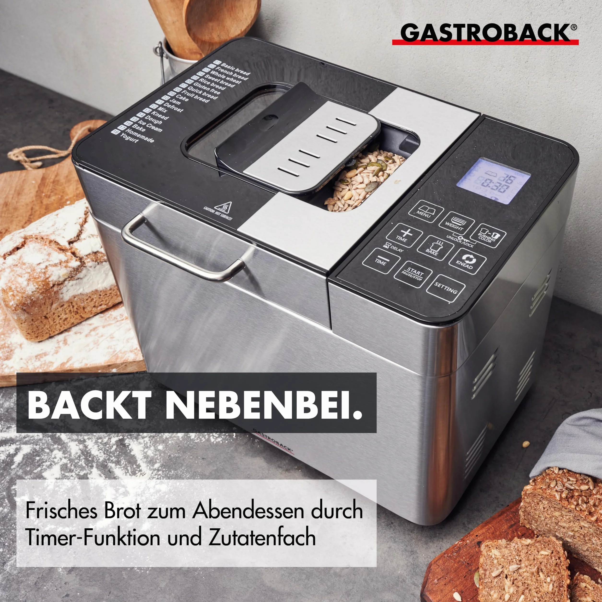 Gastroback 42823- Panificadora semi profesional (Negro, Metálico, 1 kg, Pastel de masa, Pan francés, Masa para pizza, Pan de trigo, 500 g, Sensor, 15 min)