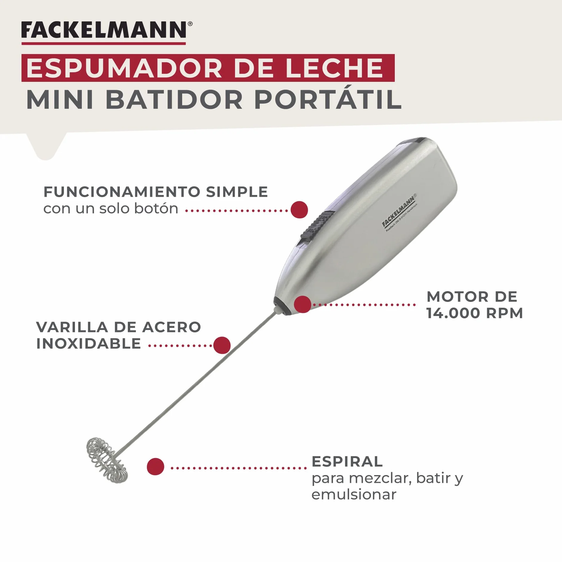 Fackelmann Espumador de Leche Eléctrico 13.500 RPM para Capuccino, Té Matcha, Portátil