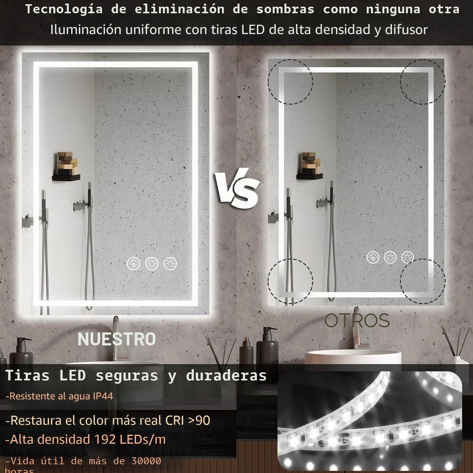 Espejo Baño con Luz 50x70cm LED Antivaho Regulable 3 Colores Luz Función Memoria
