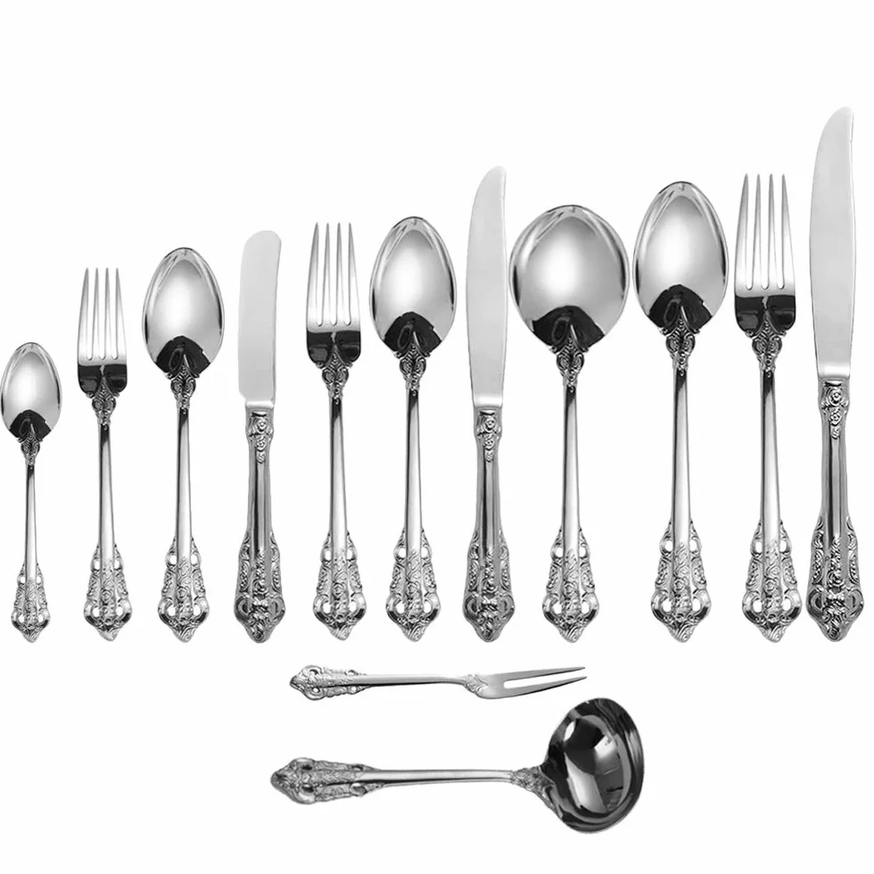 Set de Cubiertos Platería de acero inoxidable 18/10, Estilo Vintage, acabado pulido brillante, para Cocina, Restaurante, Fiesta, Juego de 13, Un juego completo de cubertería
