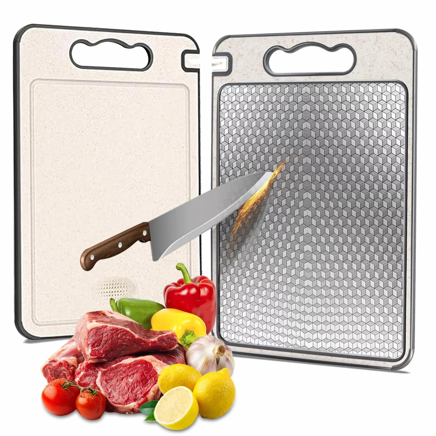 Tabla de cortar de acero inoxidable – Doble Cara Antibacteriana (Acero+PP) - patron diamante – Sin BPA,Grande y Duradera - cocina - descongela - Carne,Pescado,Verduras – Superficie de Corte 36 x 25 cm