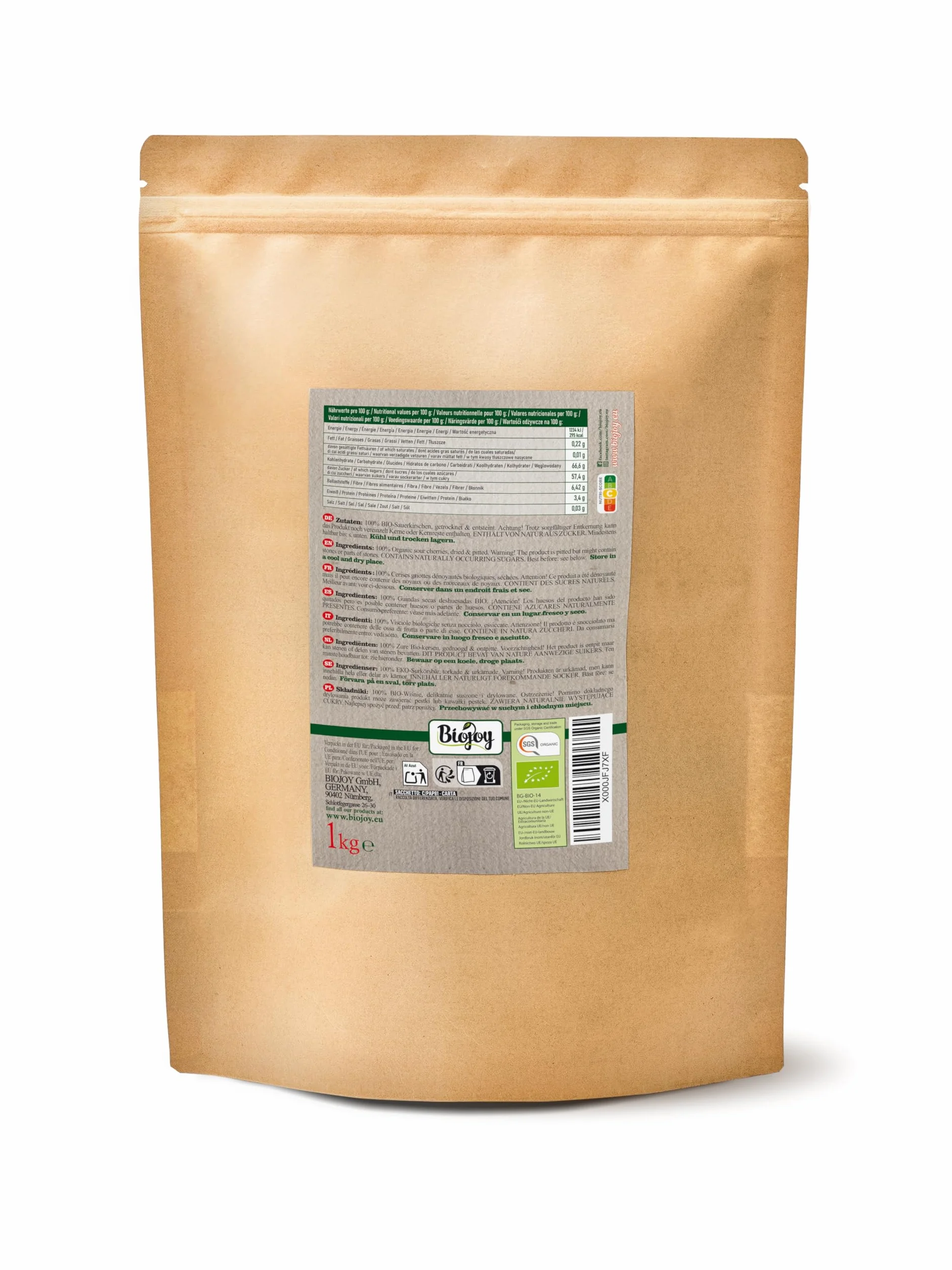 Biojoy Guindas deshidratadas BÍO 1 kg sin hueso sin azúcar añadido