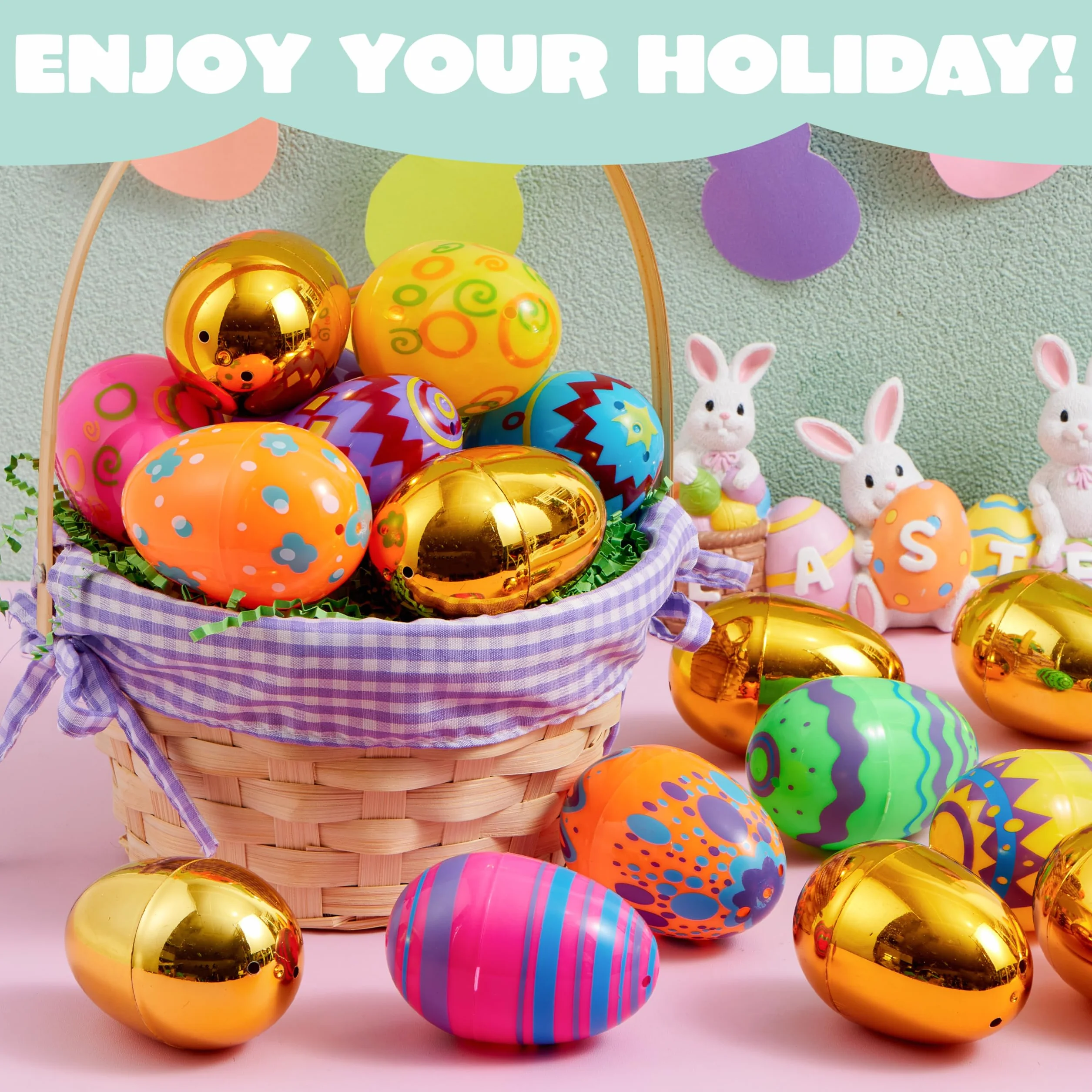 JOYIN 44 huevos impresos de Pascua de plástico 3.15 pulgadas rellenables para búsqueda