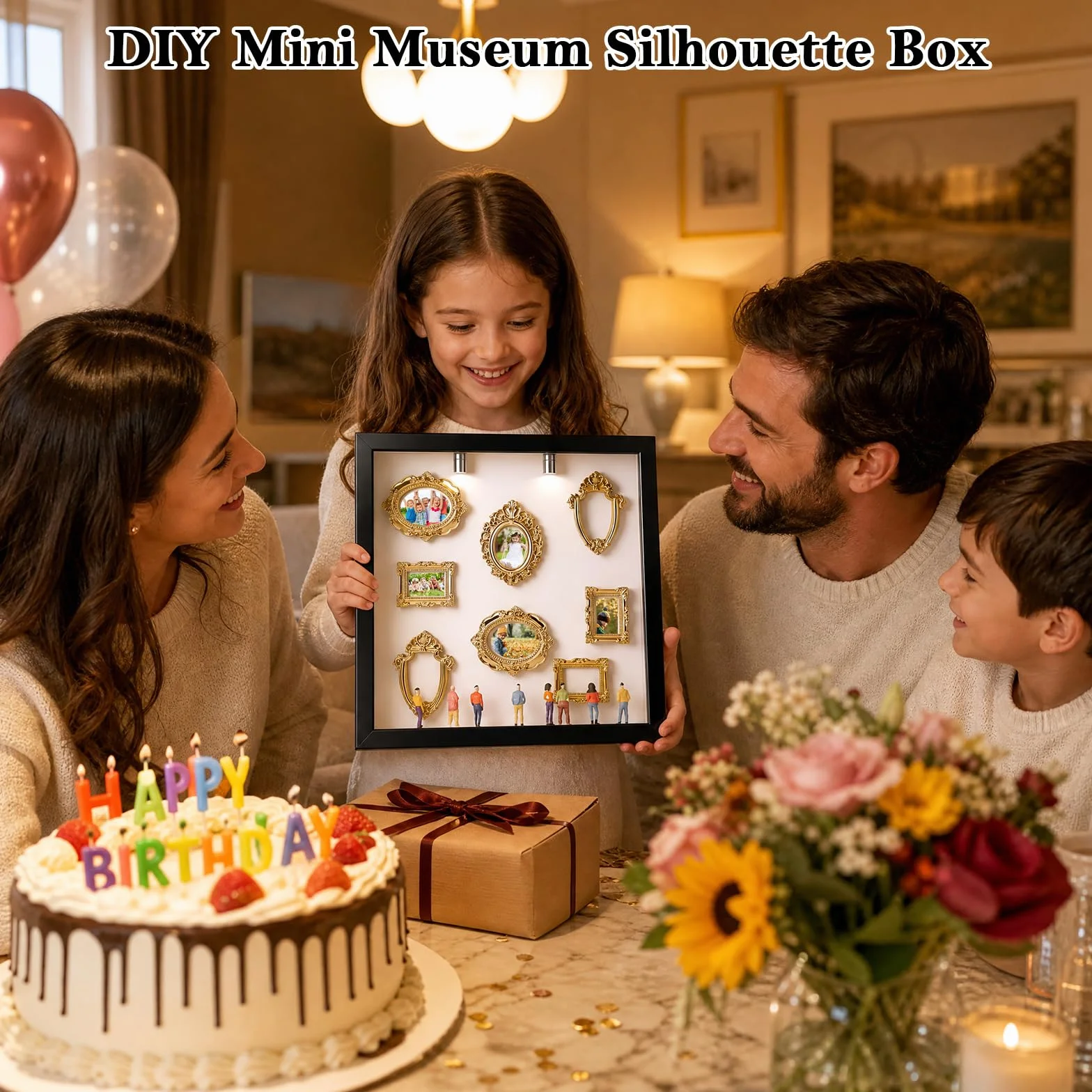 Museo en Miniatura DIY 25 x 25 cm, Mini Museo Fotos con Mini Marcos, Figuras de Personas y Luz LED, Kit de Shadow Box como Regalo para el Día de San Valentín, Aniversario, Cumpleaños, Decoración