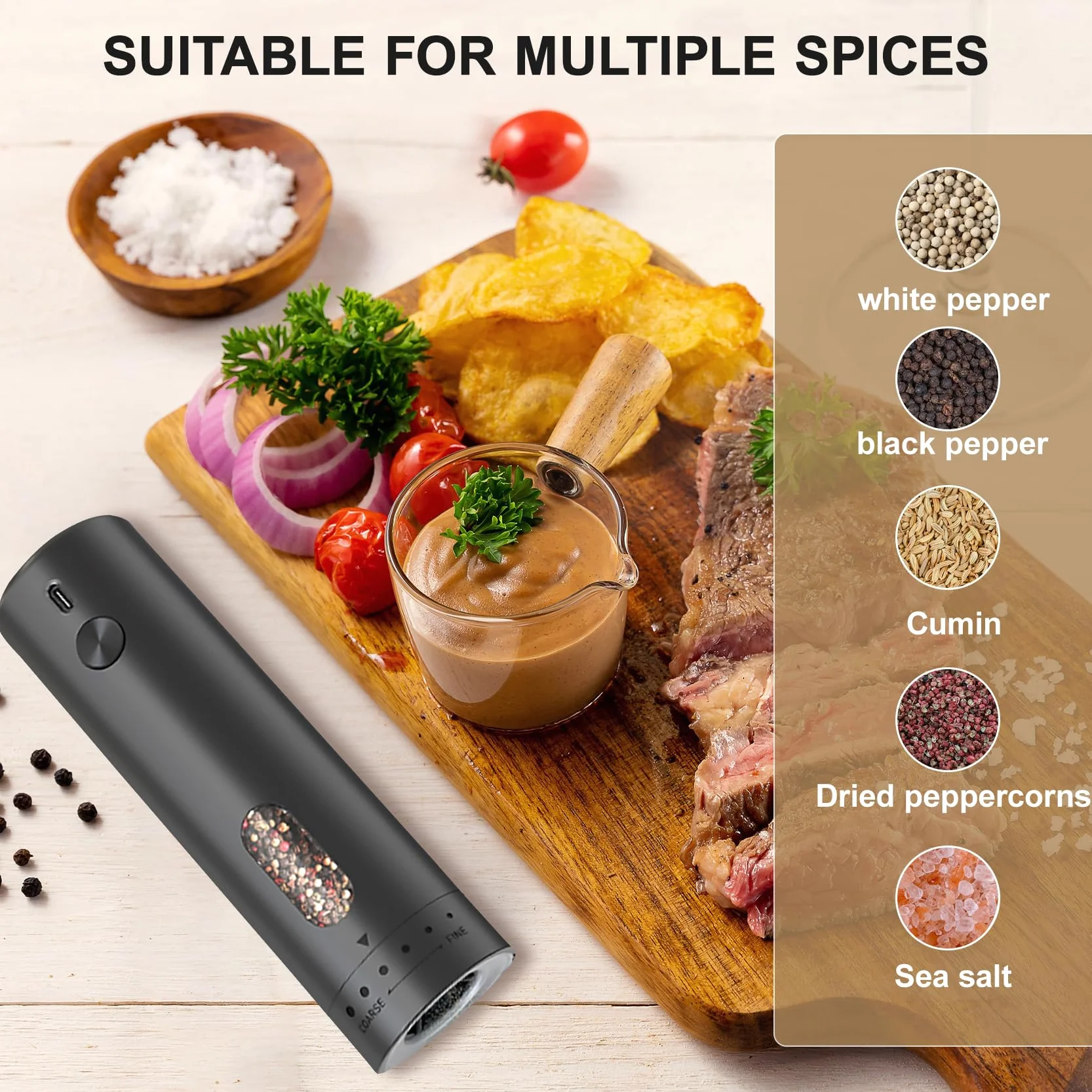 Molinillos de Sal y Pimienta Eléctricos, 110 Ml de Gran Capacidad, 5 Niveles de Ajuste del Engranaje Externo con Cepillo y Ventana Visual