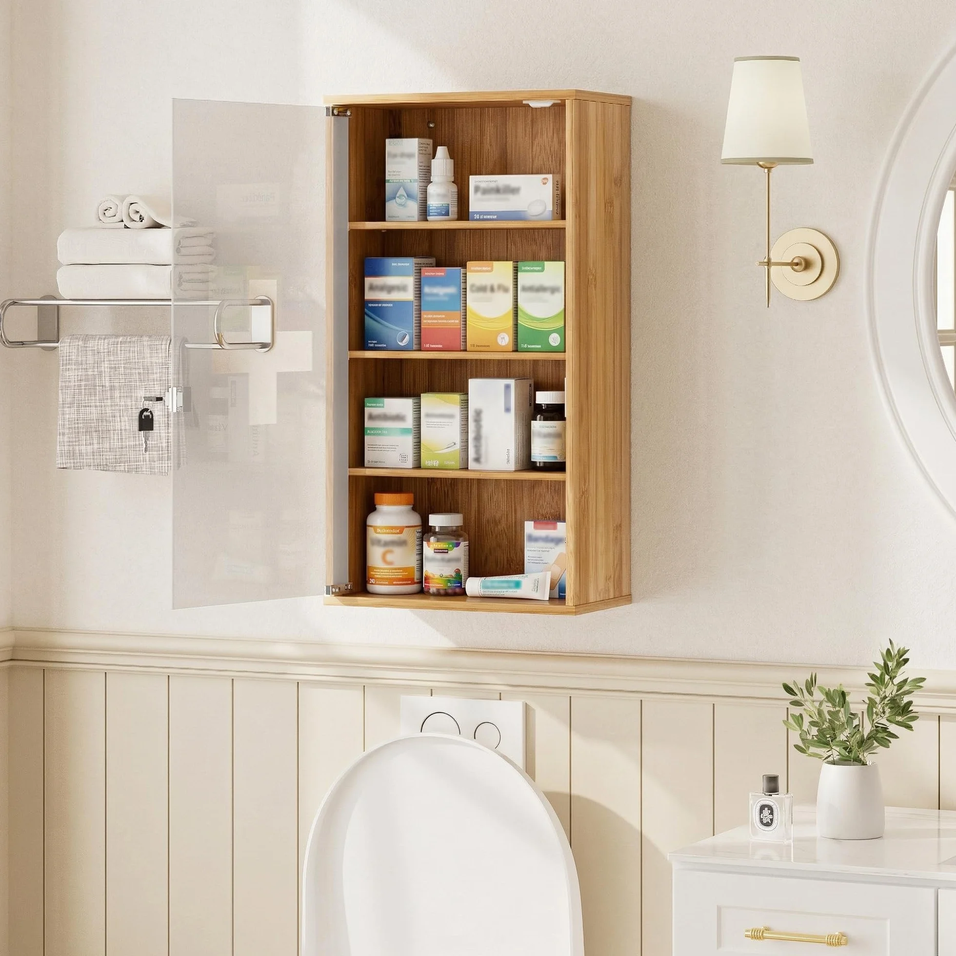 HEYZOEY Botiquín de bambú con cerradura 4 compartimentos 65 x 35 x 18 cm para medicamentos pared baño