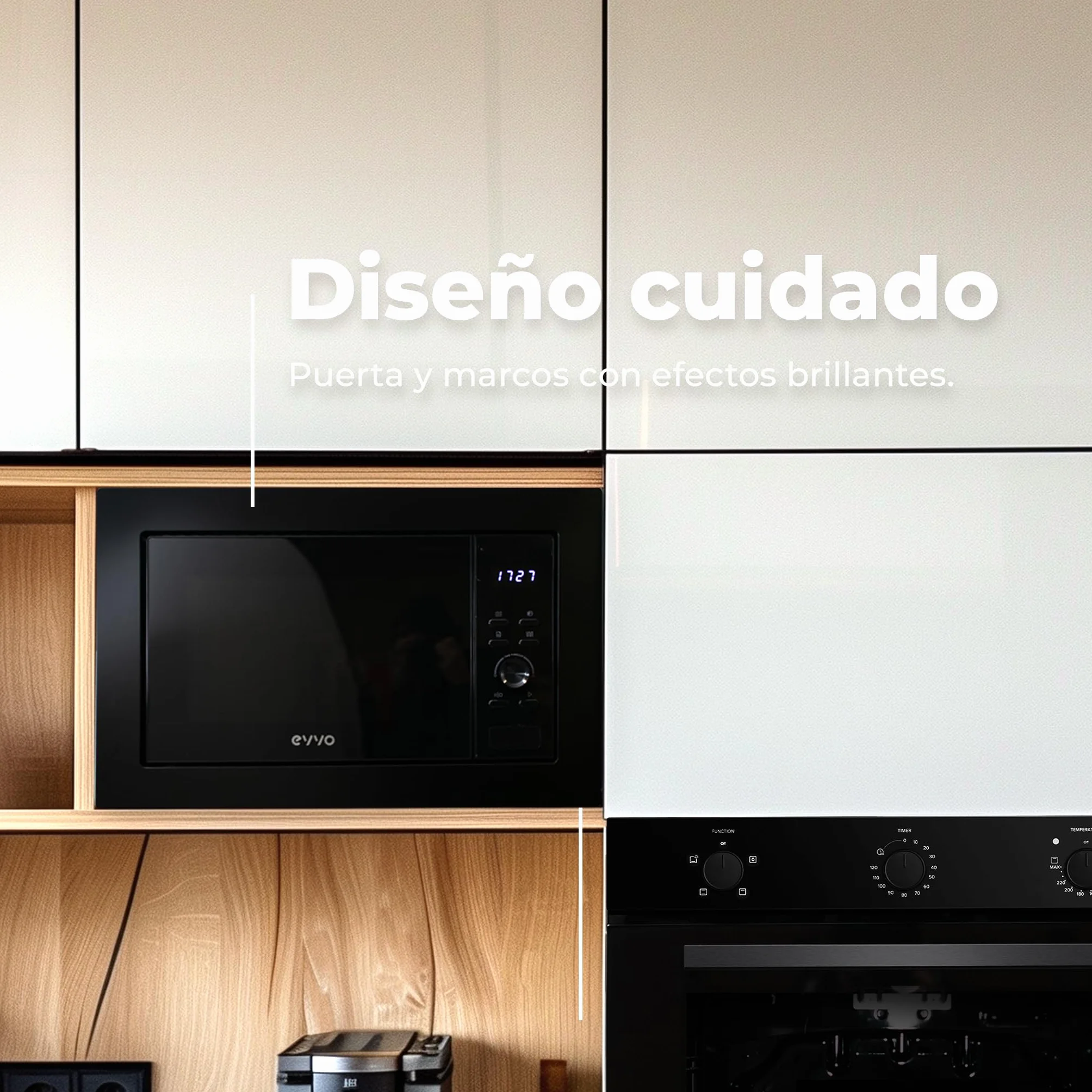EVVO Microondas Integrable Mi30 Black - 21 Litros, Horno Microondas Función Grill, Display Digital, Bloqueo Infantil y Temporizador de 60 Minutos, Negro