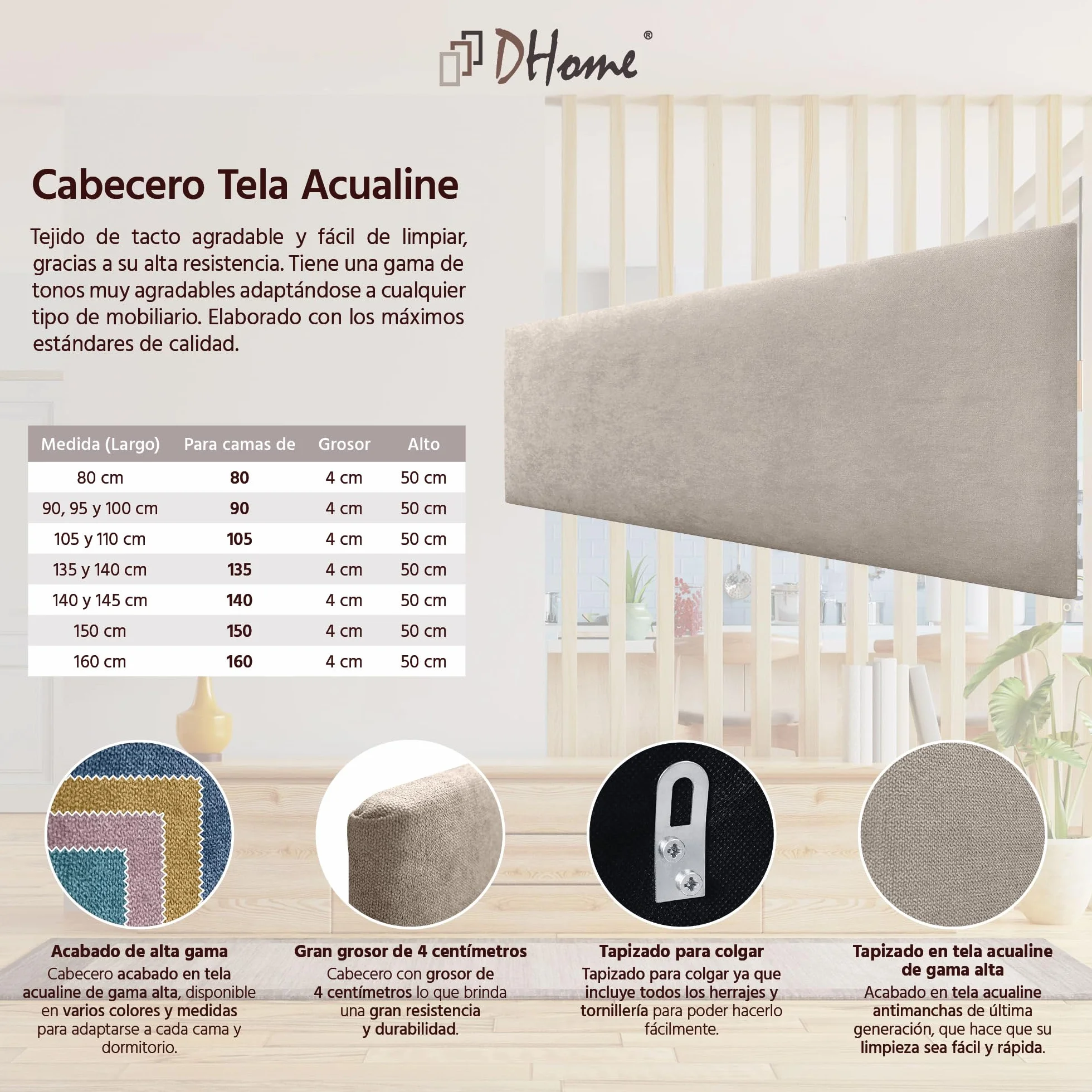 DHOME Cabecero de Polipiel o Tela AQUALINE Liso cabeceros Cabezal tapizado Cama Lujo (Tela Beige, 160cm (Camas 150/160))