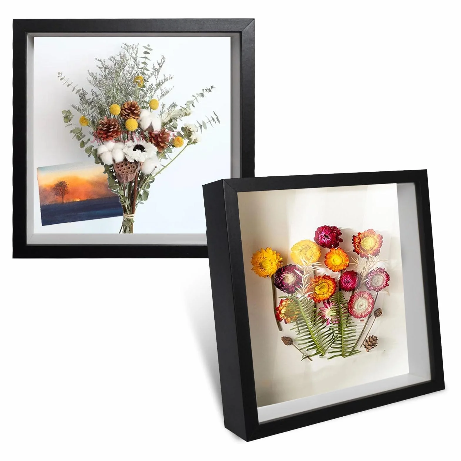 3D Marco de Fotos, 2 Piezas Marcos con Profundidad 20x20 cm, Marco de Objeto Rellenable Forma Cuadrada para Medallas Flores Secas Souvenirs Fotografías, Marcos con Profundidad 3cm(Negro)