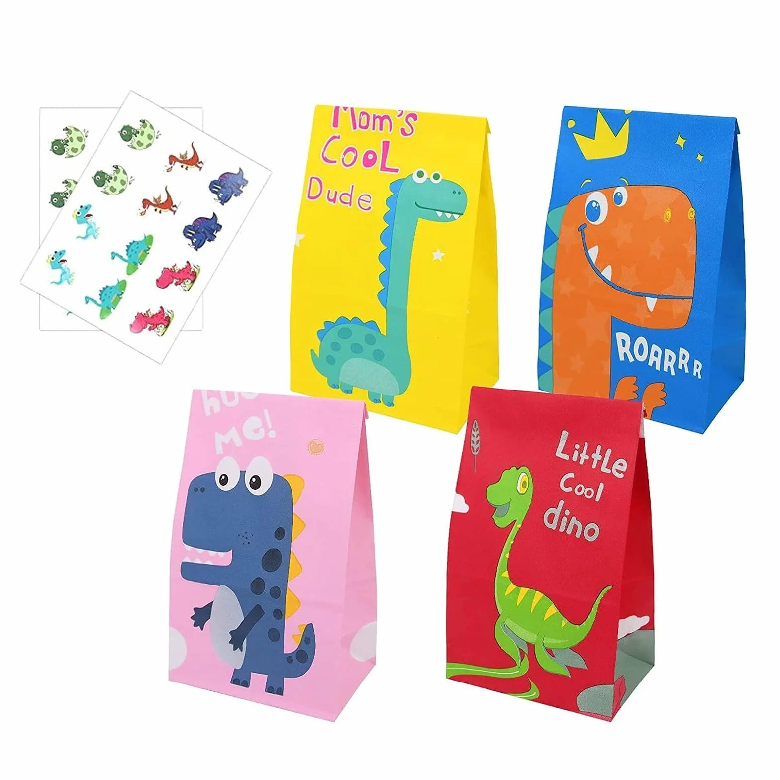 Flintronic 20PCS Bolsas de Regalo de Papel, con 24 Pegatinas de Dinosaurios (2 Piezas), Bolsas Kraft para Dulces, Fiesta Infantil, Celebraciones,Cumpleaños,Halloween,Navidad