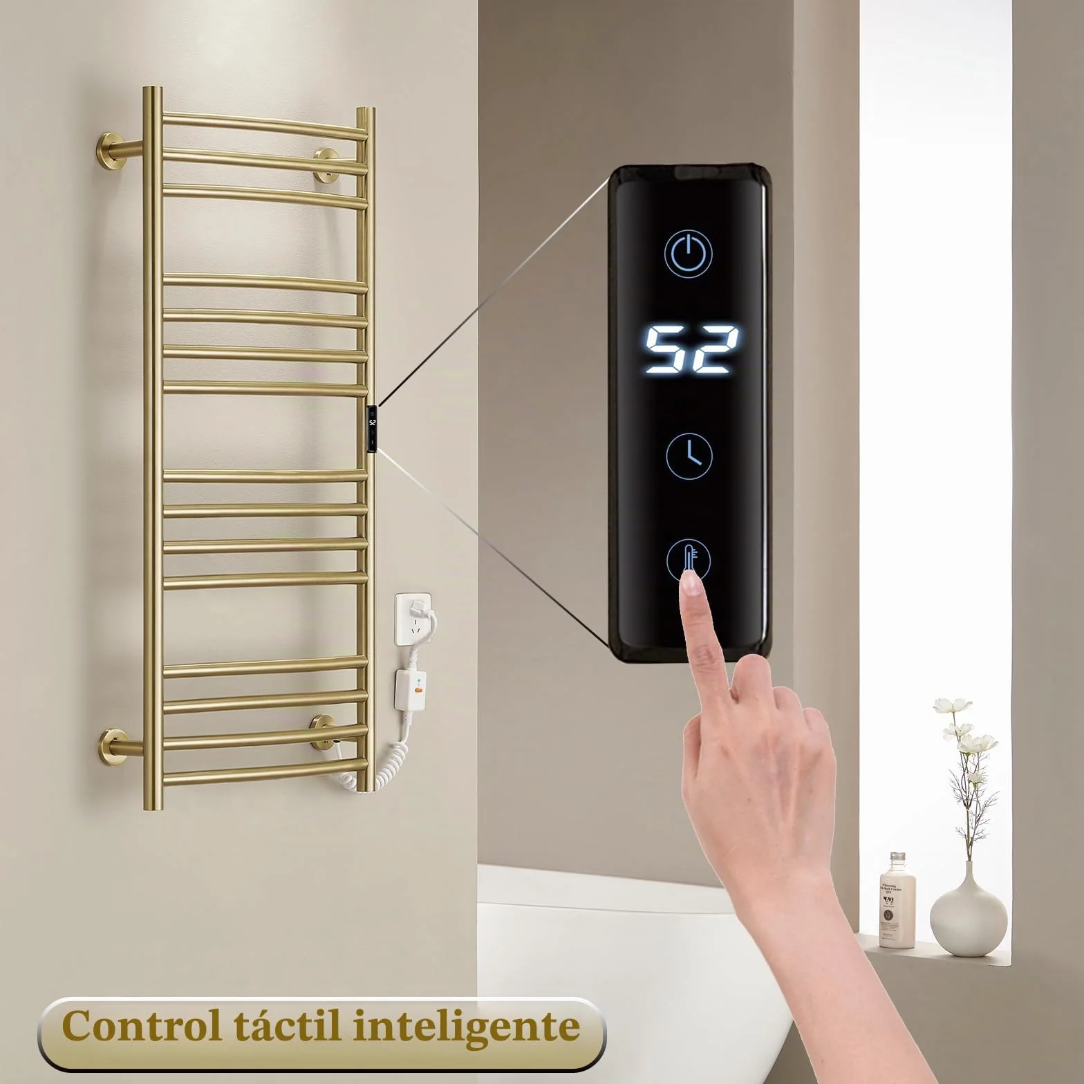 ESOP RadiadorToallero Eléctrico Baño Oro Cepillado 185 W Calienta Toallas 1100 x 600 mm 15 Varilla Curva WiFi Inteligente Temperatura Constante