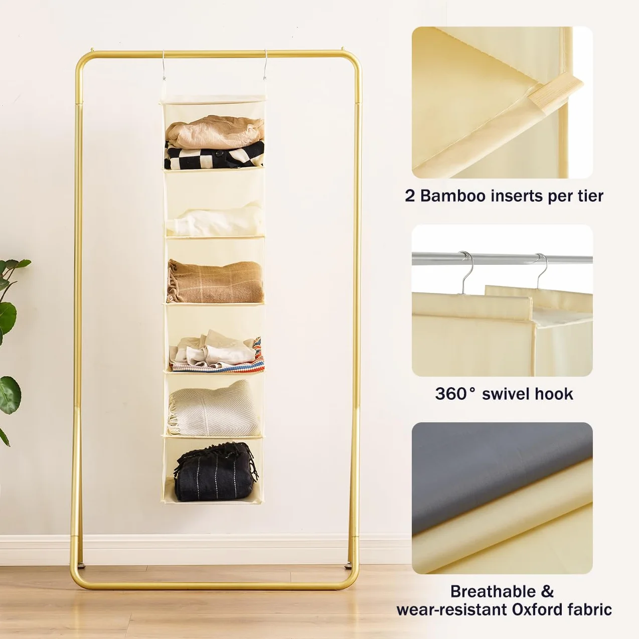 YOUDENOVA Oxford Organizador colgante 6 estantes ganchos metal duraderos armario bambú plegable beige
