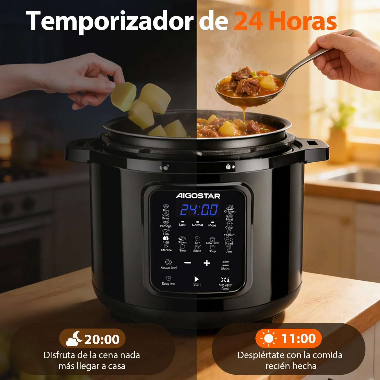 Aigostar Derrick Black - Olla Eléctrica Programable 6 litros, 18 Menús, Programable 24 horas, Panel LED Táctil, Recipiente Extraíble Antiadherente, Temperatura ajustable, Presión ajustable, 1000W