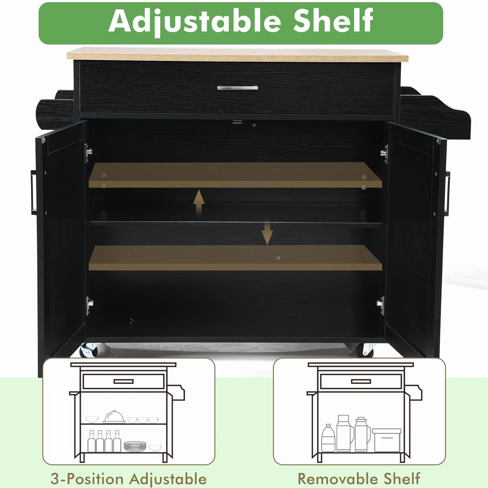KOMFOTTEU Carro de Cocina Auxiliar, Carrito de Servicio con Cajón y Estante Ajustable, Estantería Móvil de Comedor con Ruedas Universales con Freno, de Madera, 116 x 40 x 85 cm (Black)