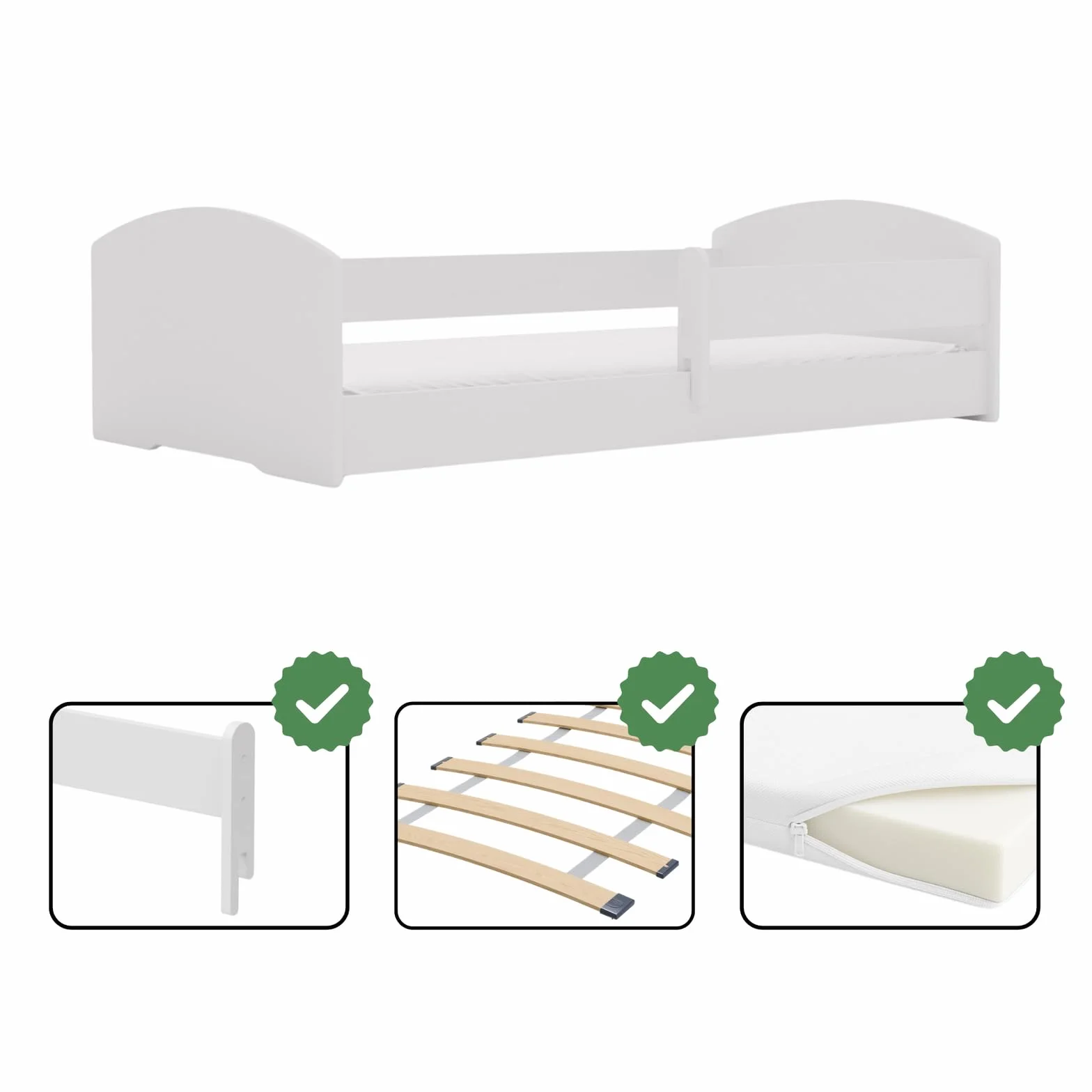 KOBI Cuna Montessori Leo 140x70 Blanca con colchón y barandilla: una Cuna Moderna, Segura y extraordinariamente cómoda para niños, con una Estructura sólida y un Elegante Estilo escandinavo
