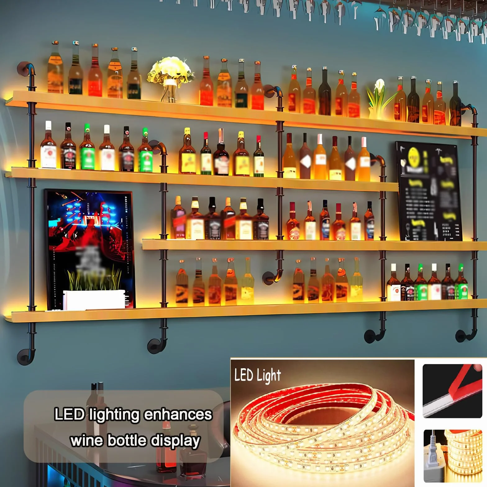 Estante de Vino montado en la Pared con luz, 4 Modernos estantes de Madera para Botellas de Licor, estantes flotantes, Organizador para Bar y Comedor (150×20×150CM Nuez)