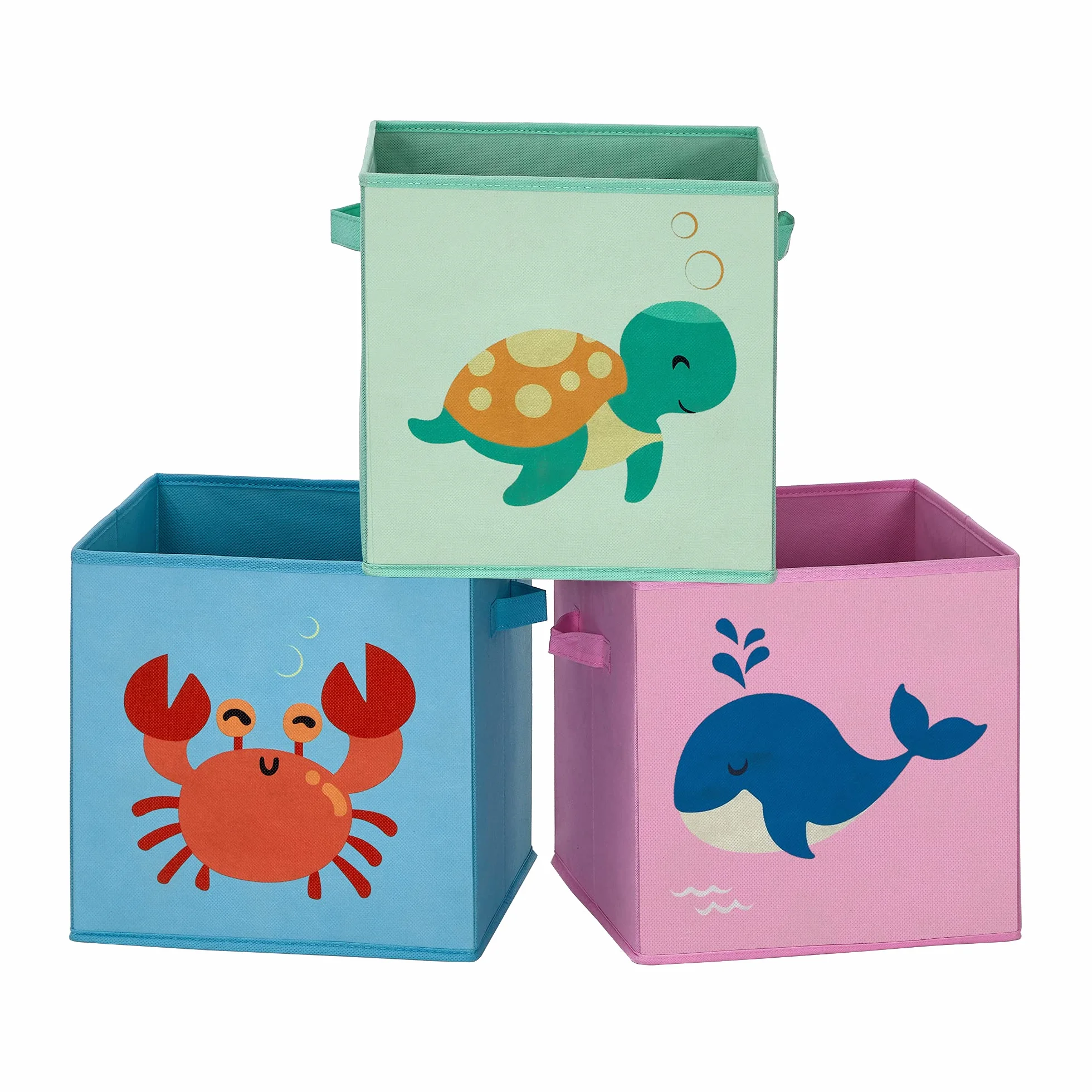 SONGMICS Caja organizadora de tela para juguetes, juego de 3, plegable con asas, 30x30x30 cm, azul verde rosa
