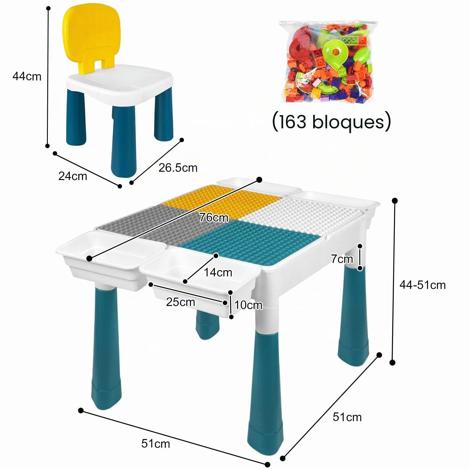 Mesa Infantil con 2 Sillas y 163 Bloques de Construcción - Juego Multifuncional para Niños