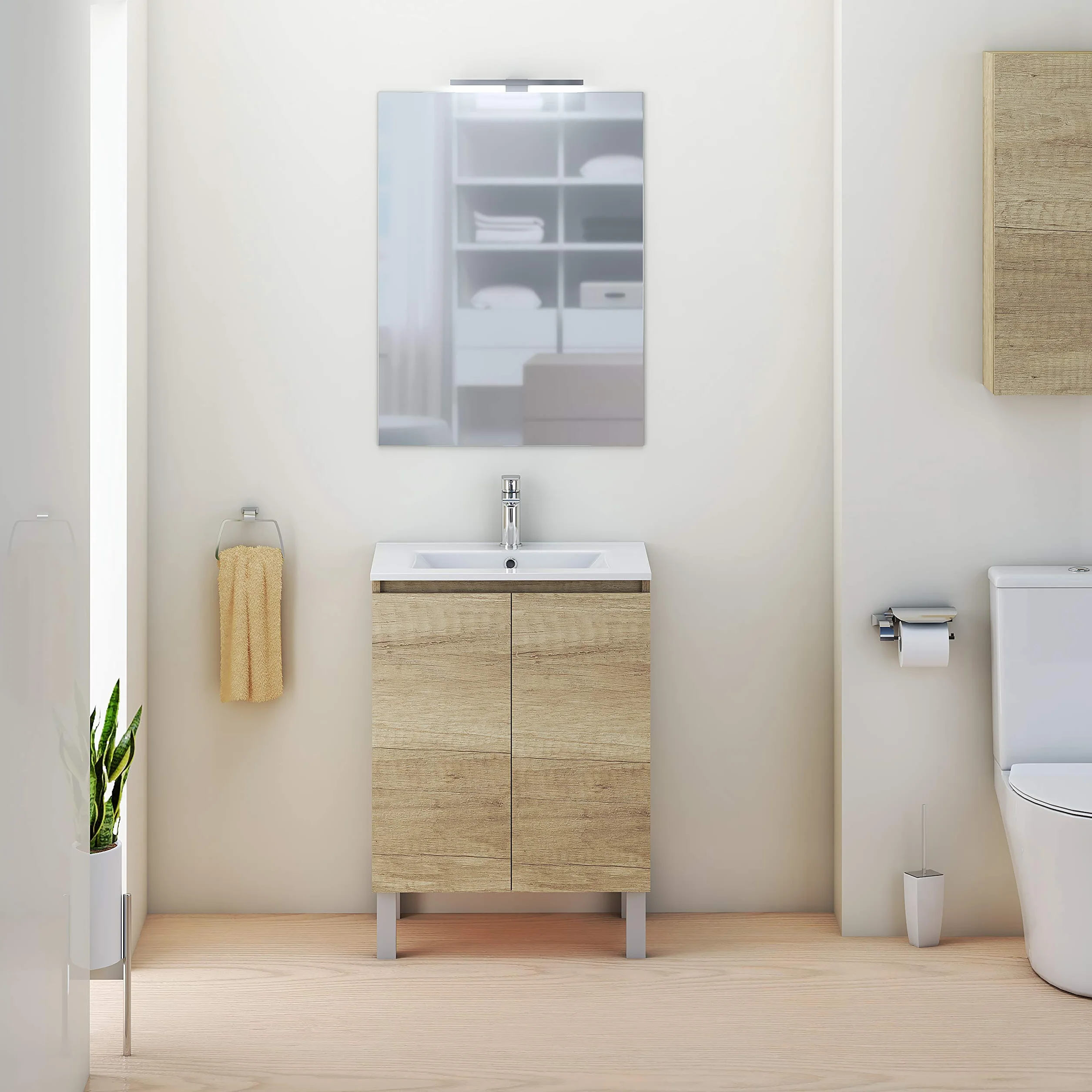 Baikal Conjunto Mueble de Baño con Lavabo y Espejo con Aplique LED con Patas, en Varios Acabados, Melamina 16. 2 Puertas 60 cm Nature