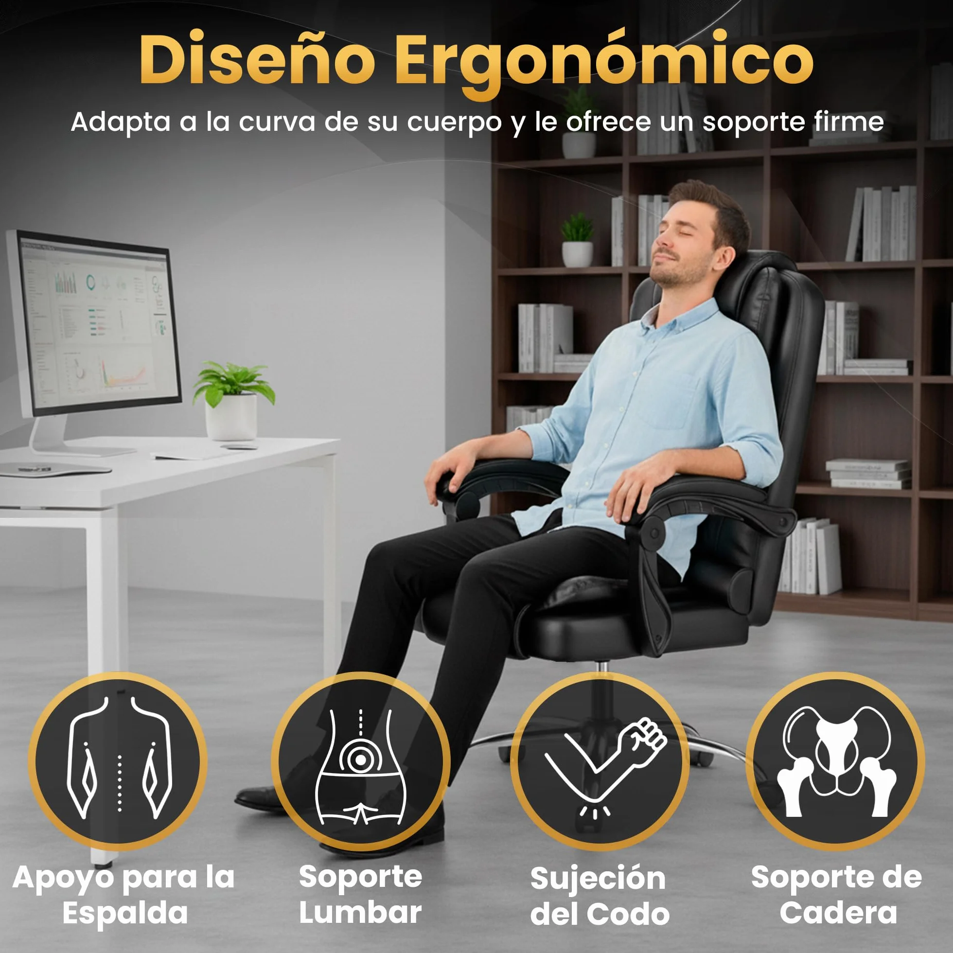 EveryKip Silla de Oficina Profesional con Respaldo Alto 360° Sillón Escritorio Reclinable Cojín Lumbar Altura Ajustable Negro