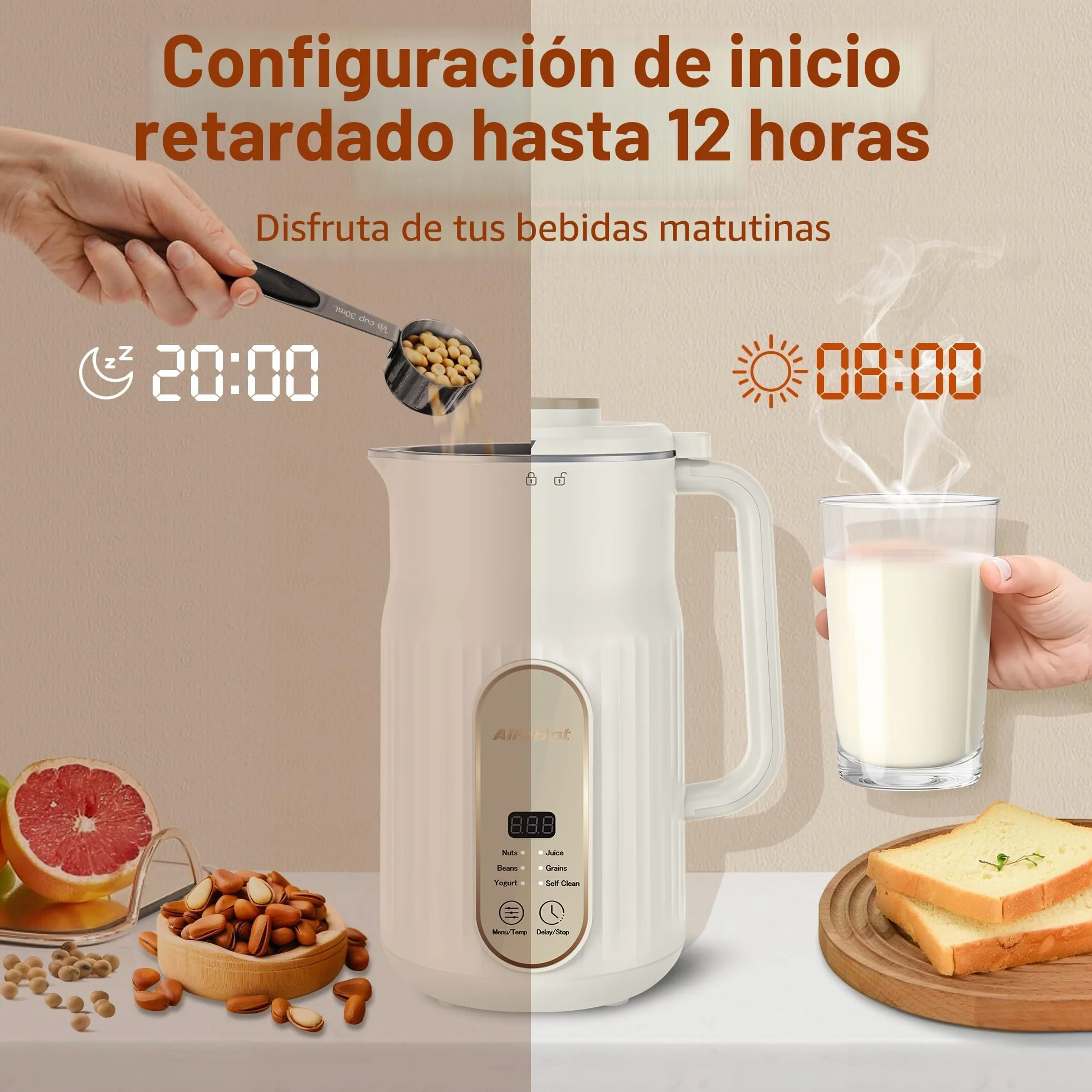 Máquina de Leche Vegetal AlfaBot N2-1L |Automática para Leche de Soja, Avena, Almendras, Yogur | 800W | Rápida y Silenciosa, Libre de BPA, Incluye Recetario