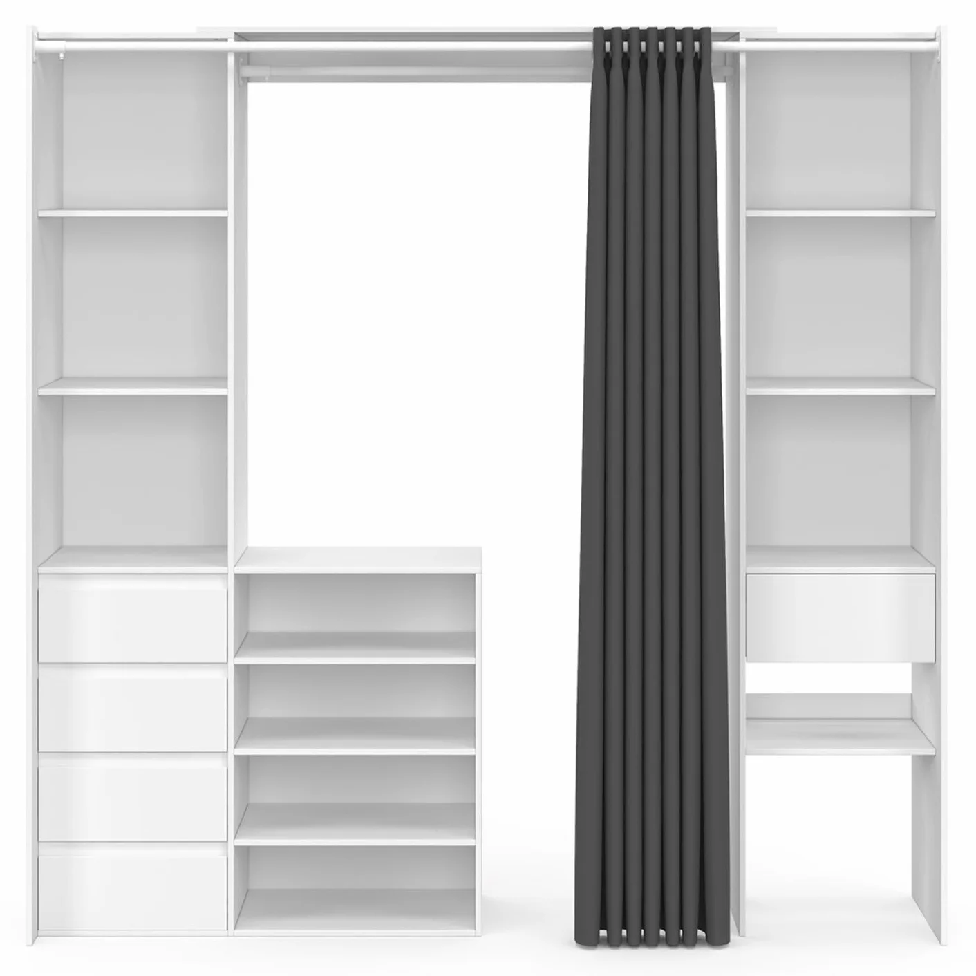 IDMarket - Vestidor extensible doble XXL MERYL 120/180 cm blanco con cajones + estantes + armario + cortina gris