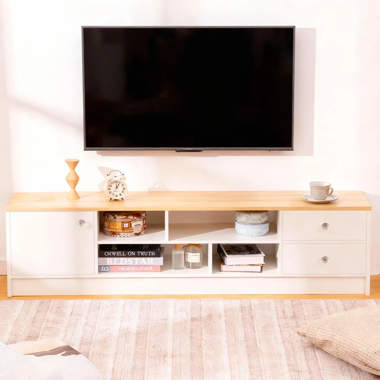 SHARPDO Mueble TV 160 cm Blanco y Madera, Mueble Bajo de Salón con 2 Cajones, 1 Puerta y 4 Compartimentos, Mesa TV Moderna para Salón y Dormitorio