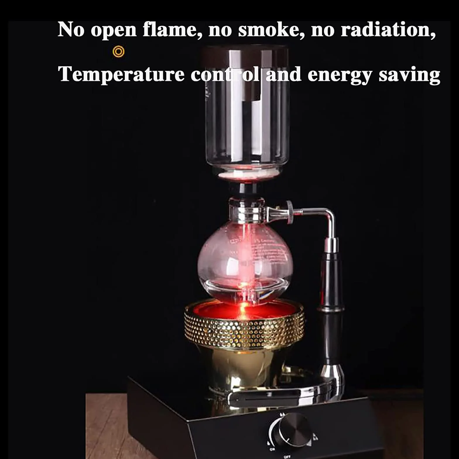 Cafetera sifón, quemador de café con sifón, estufa de calefacción de haz halógeno, pantalla digital LCD, interruptores giratorios de calor ajustable, sin llama abierta, control de temperatura y