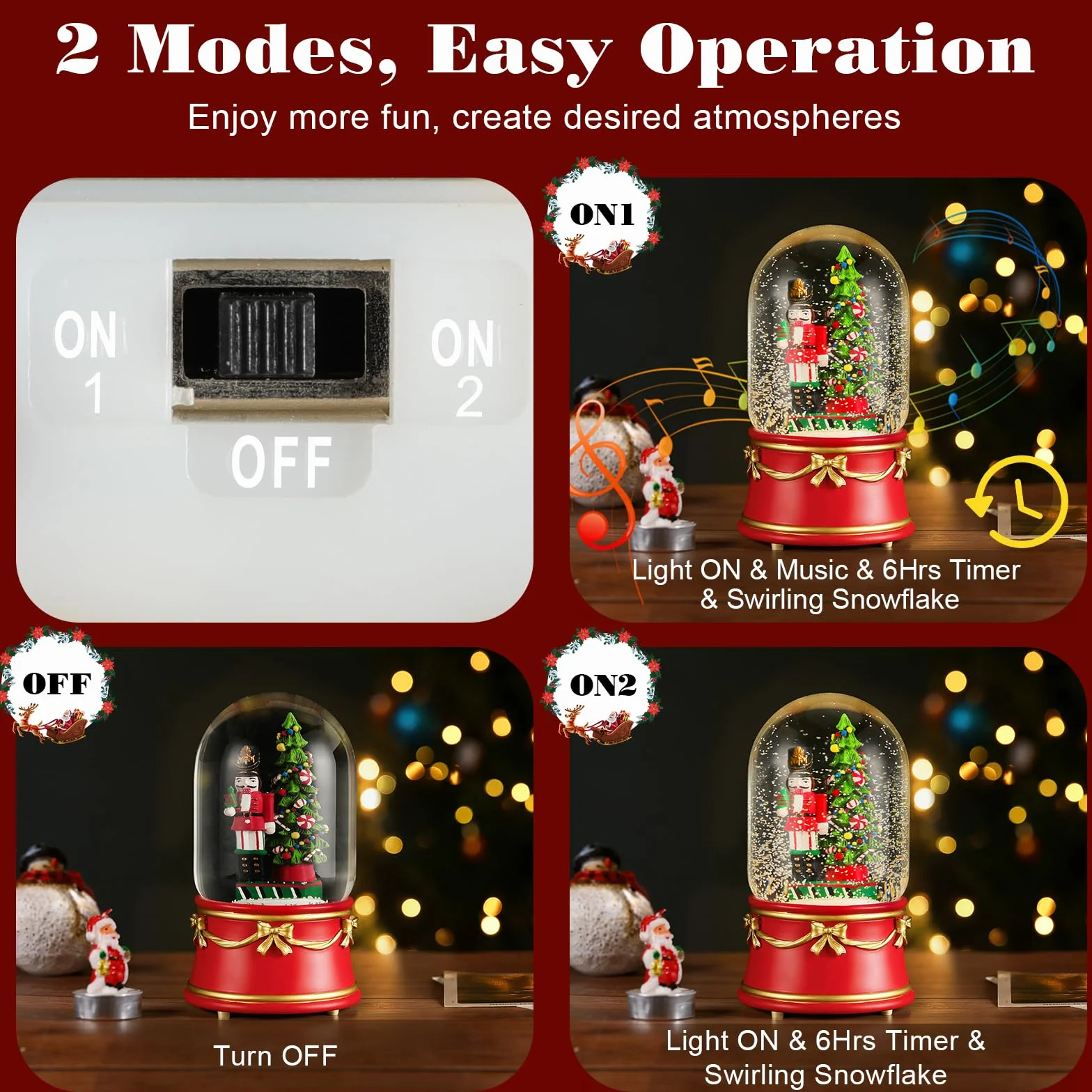 Lewondr Globo de Nieve Navideño, Globo de Cristal con 8 Canciones Navideñas, Caja de Música Eléctrica Reno con Cascanueces y árbol de Navidad, Decoración de Navidad para Chimenea de Dormitorio