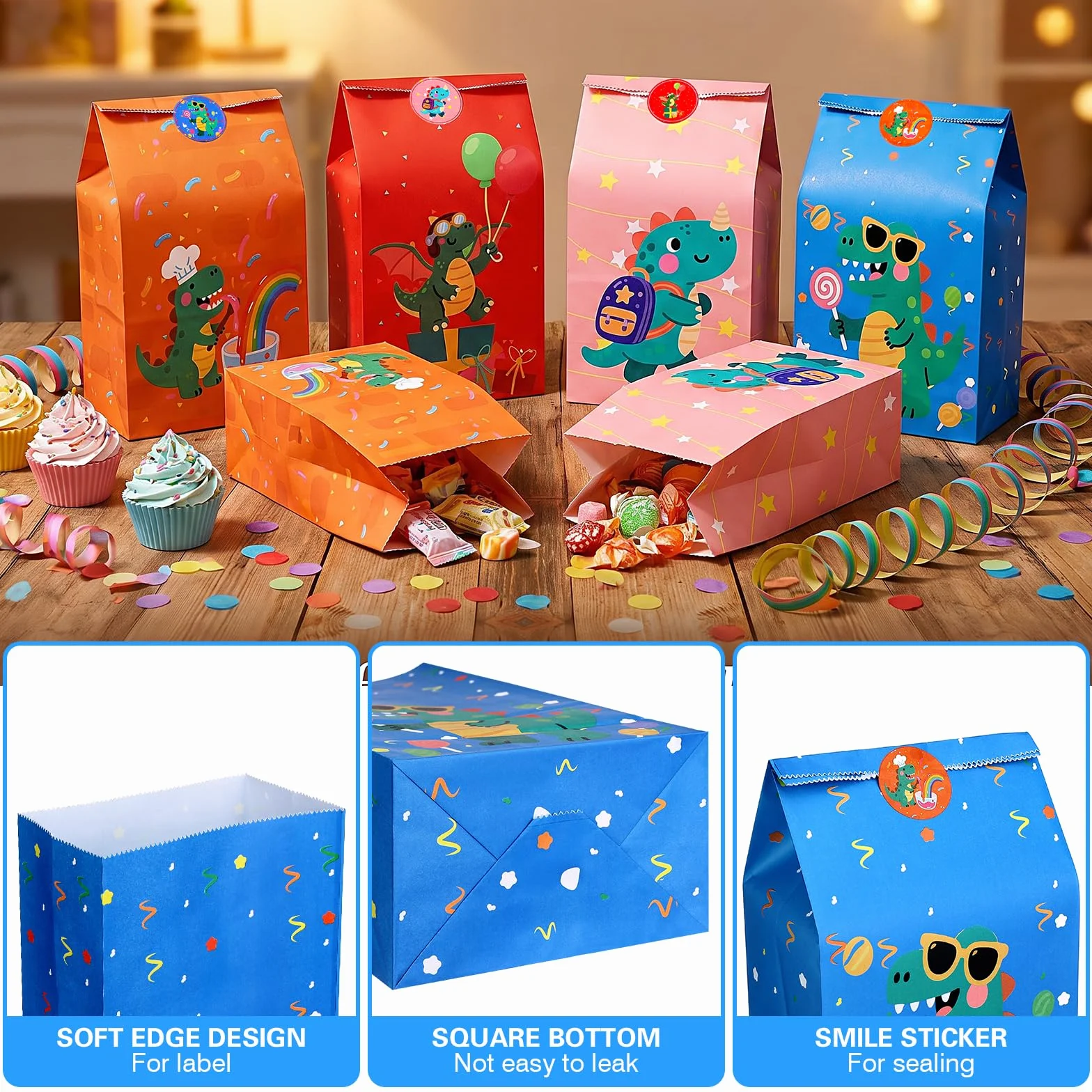 DESPOINA 24 Bolsas de Papel con Diseño Dinosaurios y 36 Pegatinas, Bolsas Cumpleaños Infantil, Bolsitas Cumpleaños Infantiles, Bolsas Regalo Cumpleaños Infantil, Embalaje de Regalos, 24x13x8 cm (B)