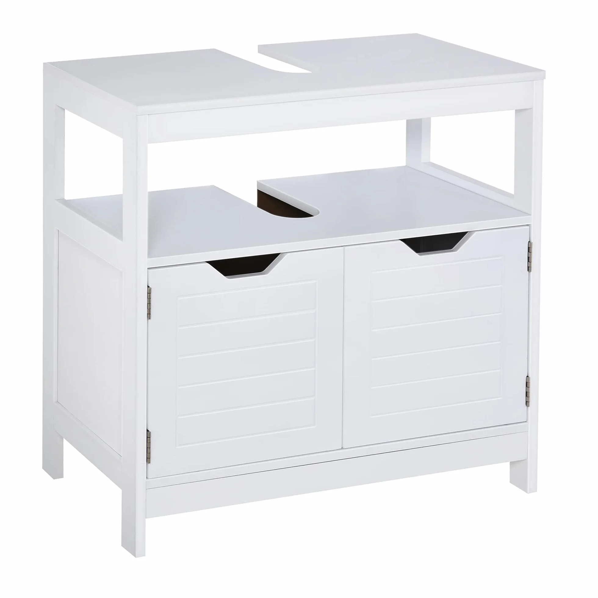 kleankin Armario para Debajo de Lavabo con Estante 60x30x60 cm Blanco | Gabinete de Baño, 2 Puertas de Almacenamiento, Dispositivo Antivuelco, Resistente a la Humedad
