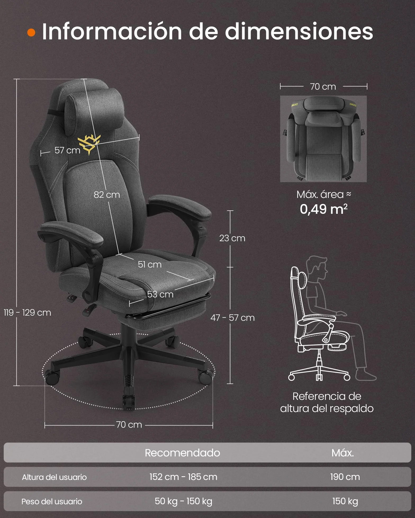 SONGMICS HOME Silla de Juegos, Silla Racing Ergonómica para Ordenador con Reposapiés, con Reposacabezas, Tela de Algodón y Lino, Altura Ajustable, Gris Paloma OBG072G01