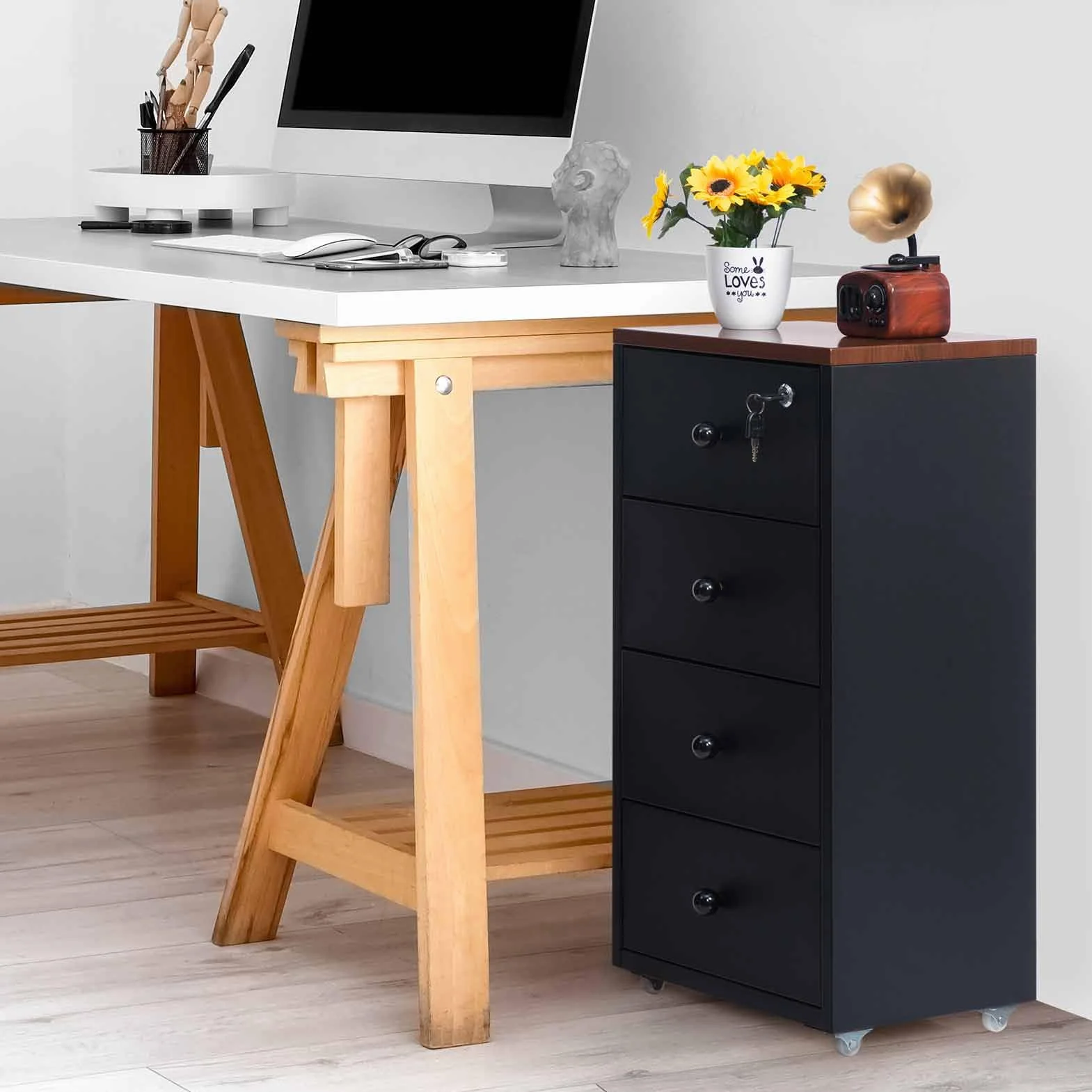 HollyHOME Gabinetes móviles, gabinete con cerradura de 4 cajones, gabinete de almacenamiento de metal con ruedas para oficina en casa en formato carta A4, negro