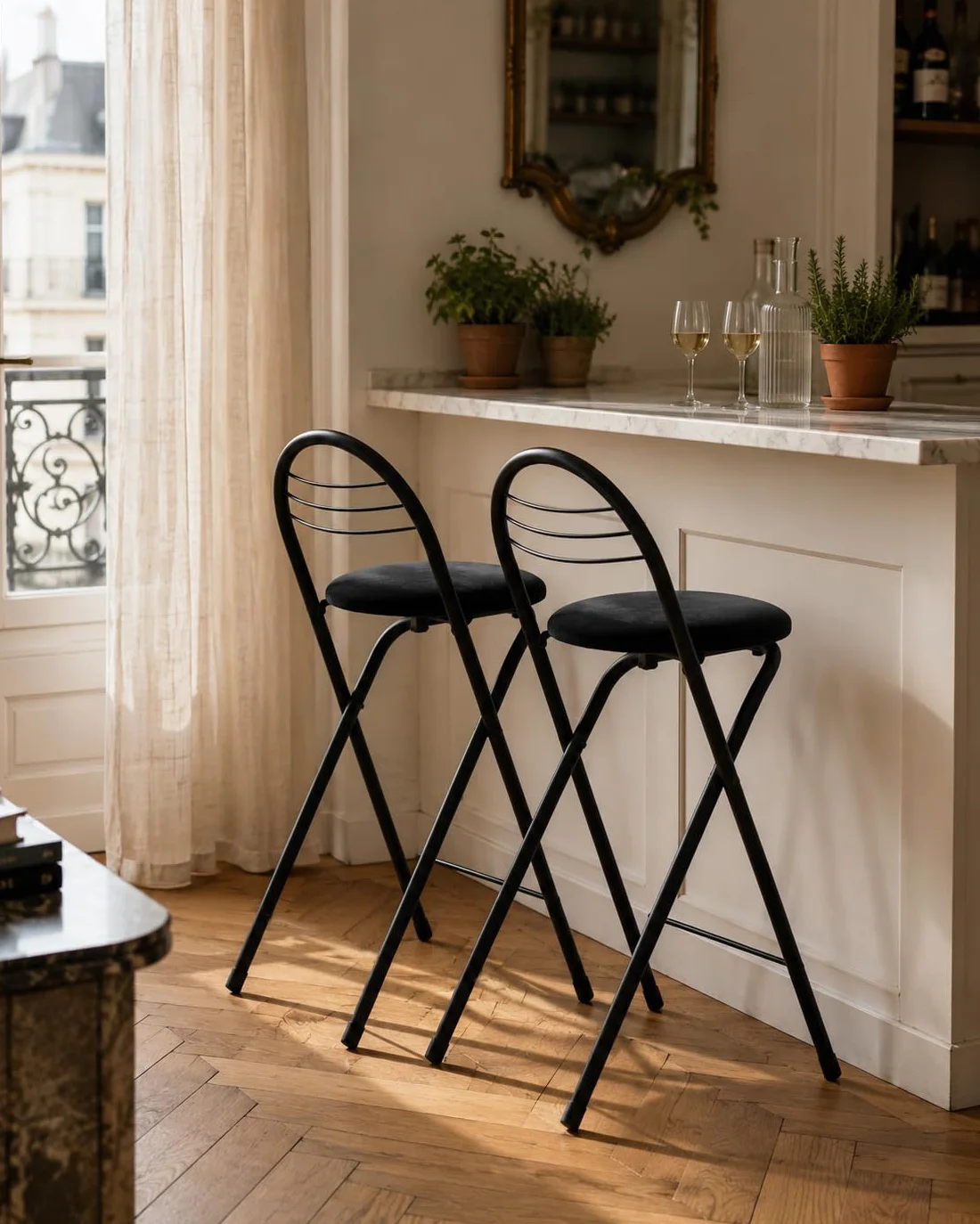 Taburete de Bar Plegable con Respaldo, Pack de 4 Taburetes Cocina Altos de Terciopelo sin Montaje Silla Alta Mostrador, Banqueta para Barra Casa, Negro