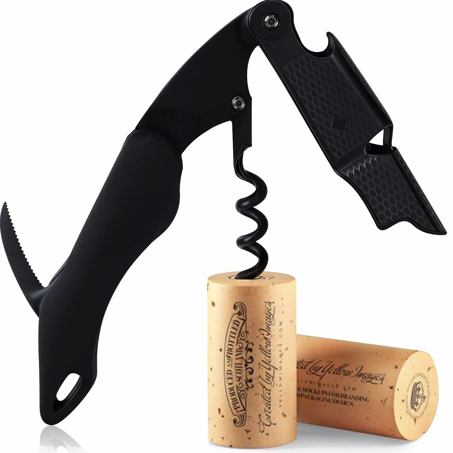 FLOW Barware Sacacorchos 3 en 1, Abrebotellas y Cortador de Aluminio, Abridor de Vino Multiusos, Negro