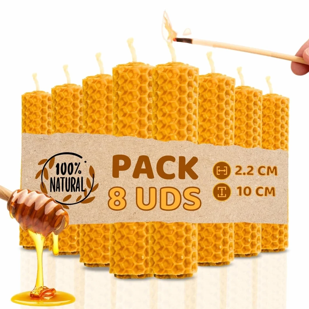 Velas de Miel de Abeja 100% Natural Española Cera Pura - Pack de 8, 10 cm x 2,2 cm