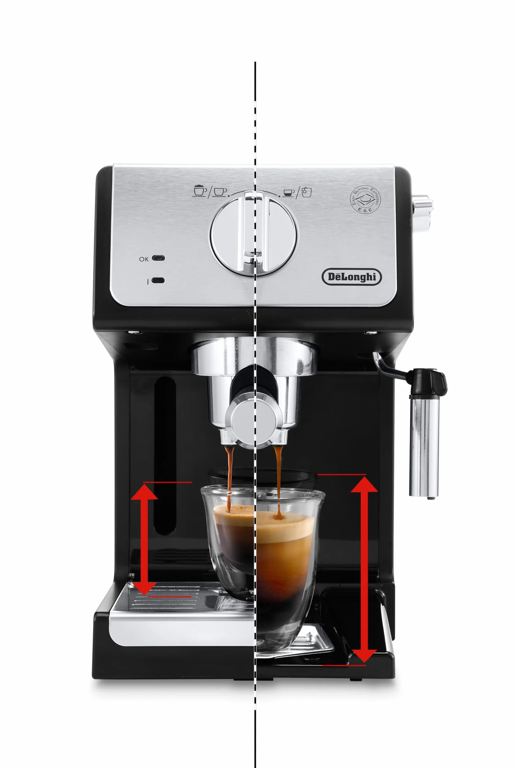 De'longhi - Cafetera de Bomba Tradicional para Espresso y Cappuccino, para Café Molido y Monodosis, 2 Tazas Simultáneamente, Depósito de Agua de 1.1l, 1100 W, ECP 33.21, Negro y Plata