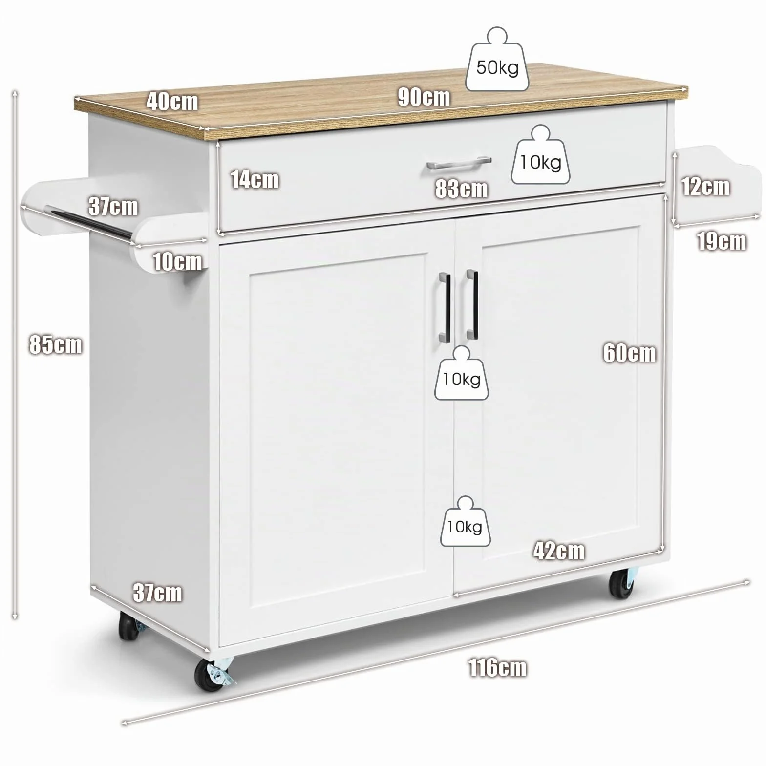 GIANTEX Isla de Cocina Móvil con Ruedas, Carro de Cocina con Cajón, Armario, Estante Lateral para Especias y Toallero, Mueble Auxiliar de Almacenamiento para Comedor (Blanco, 116x40x85cm)