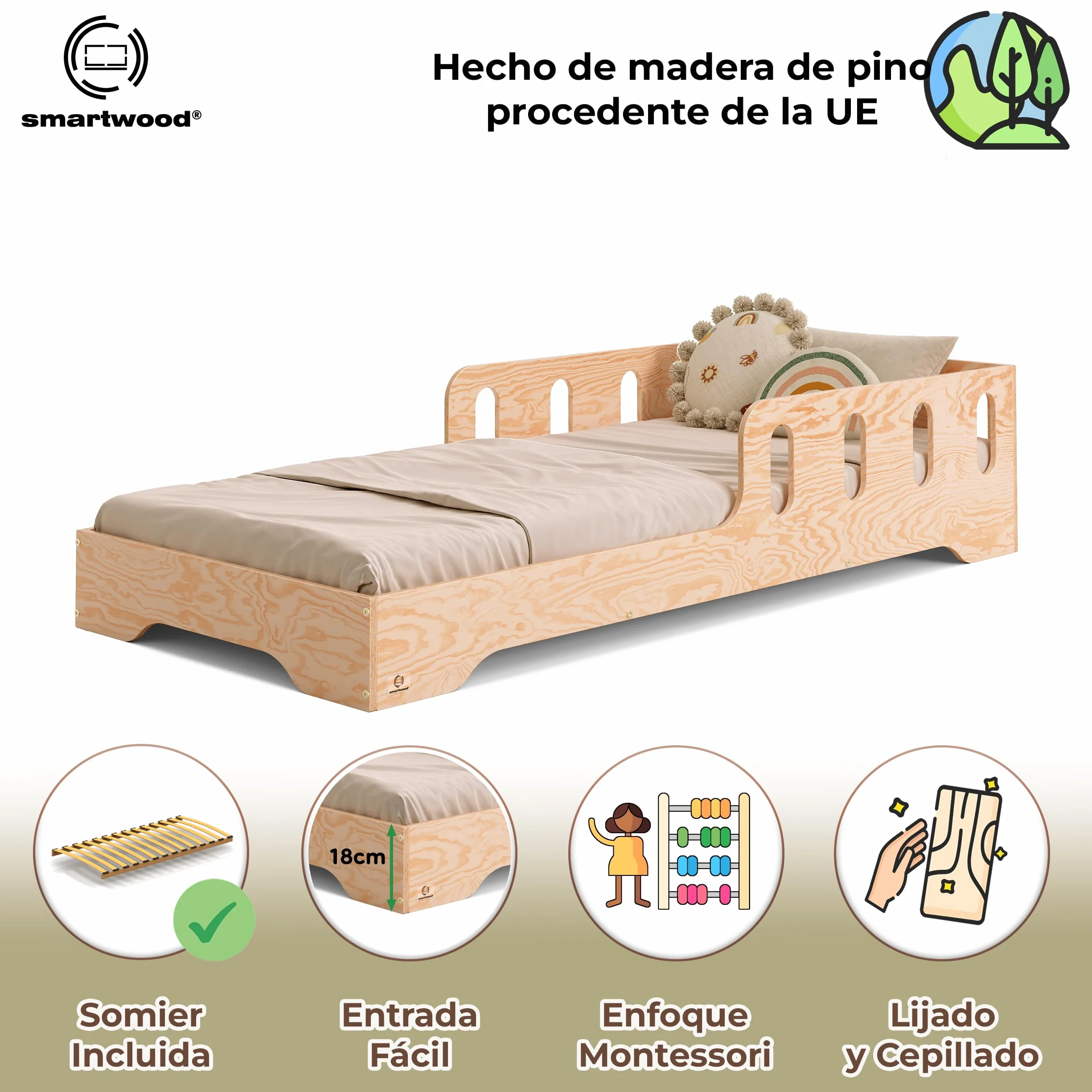 smartwood Cama Montessori 90x190 cm Madera - Cama Infantil de Madera con Certificado FSC, con Barrera Anticaídas y Somier Flexible para 230 kg - para Niño y Niña - Montaje Sencillo - TILA 6