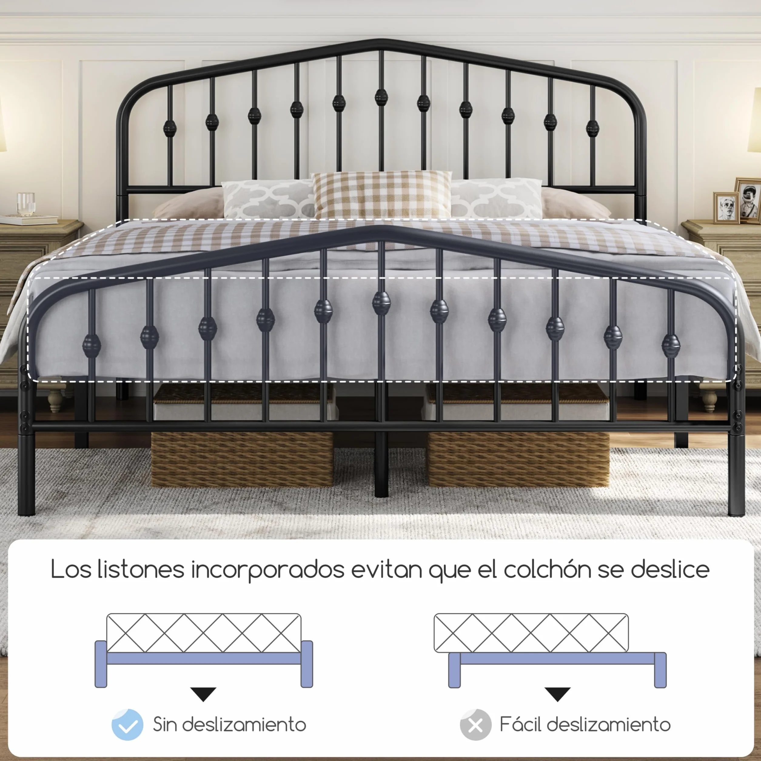 Yaheetech Marco de Cama de Metal Moderno 160 x 200 cm Negro