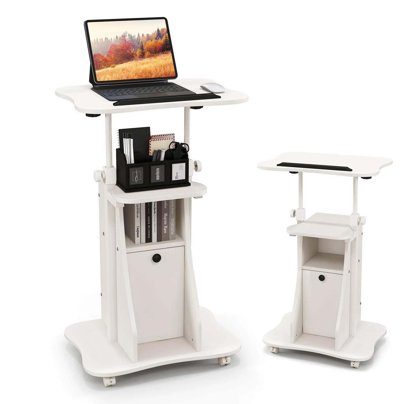 LIFEZEAL Podium para Conferencia, 2 Pisos Reclinable con Altura Ajustable, Mesa de Presentaciones con 4 Ruedas y Frenos, 2 Compartimentos, Escritorio para Oficina y Discurso Público, 55x40x68-114 cm