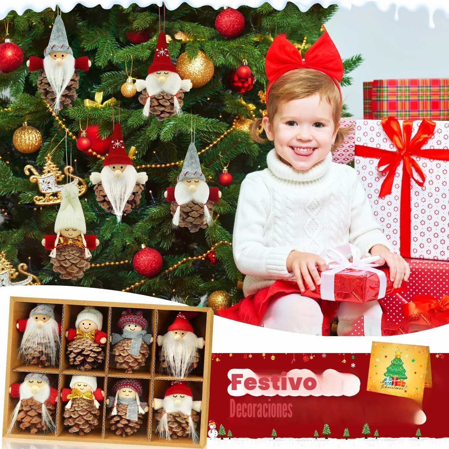 Gnomo Adornos de Navidad, Duendes Colgante Decoracion Árbol Navidad 8 Piezas Piñas Muñecos