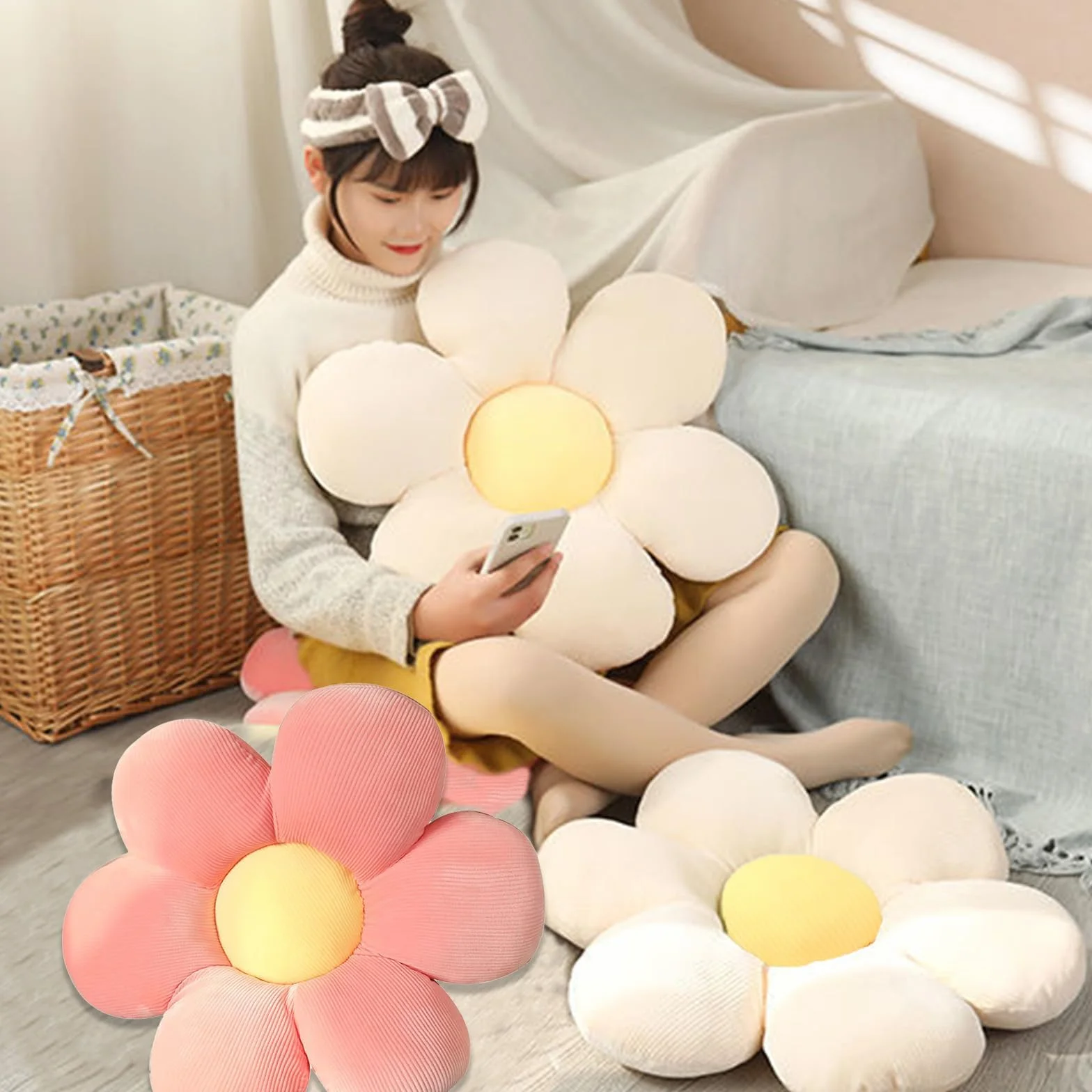 2 Piezas Cojines de Flores, 40x40cm Cojín de Asiento con Forma De Flor De Margarita, Cojines Sofa, Infantiles, Linda Flor Cojín De Felpa Tatami Almohada para(Rosa y Blanco)