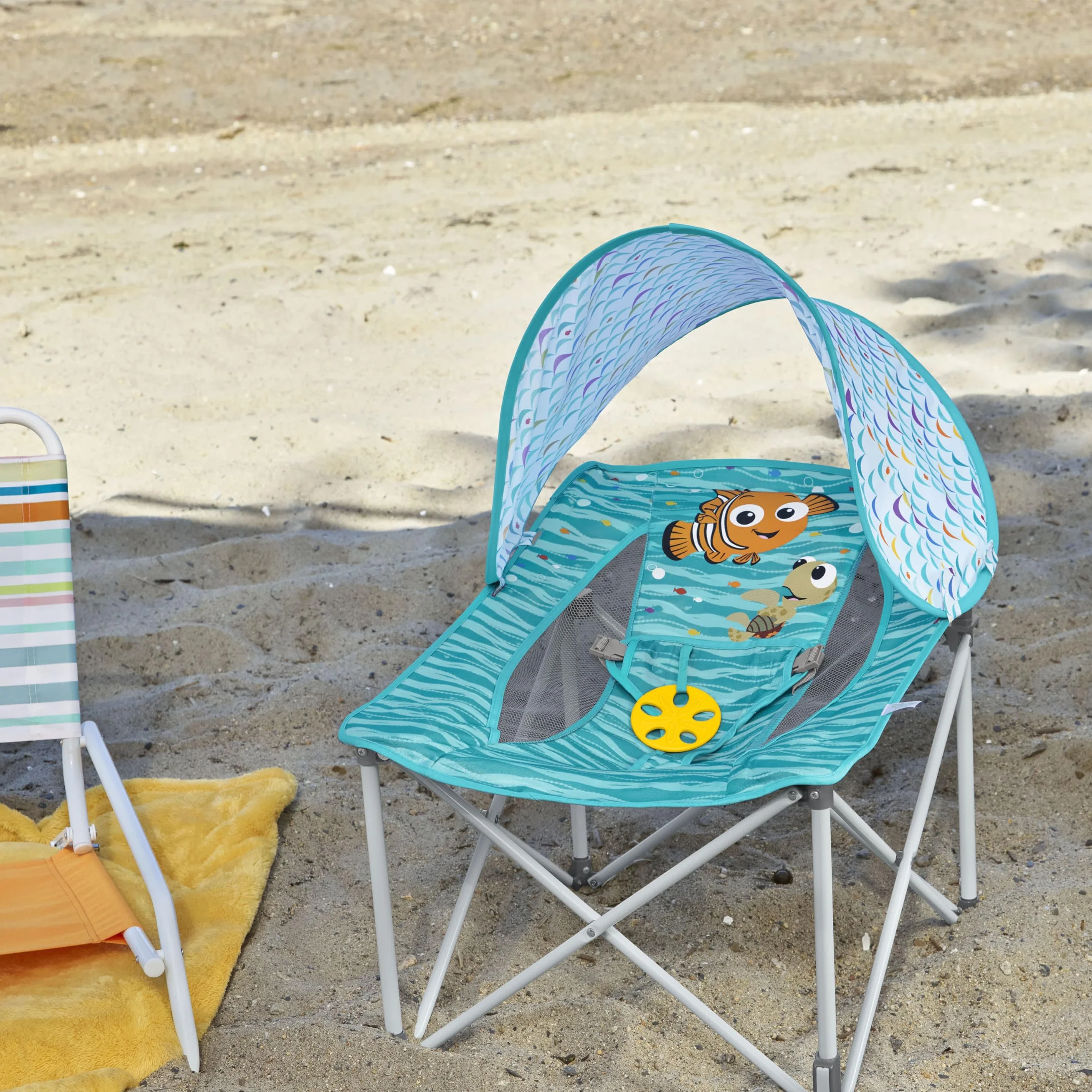 Bright Starts Disney Buscando a Nemo Asiento de Viaje Pop 'N Chill, UPF 50+, Azul, 0-6 Meses