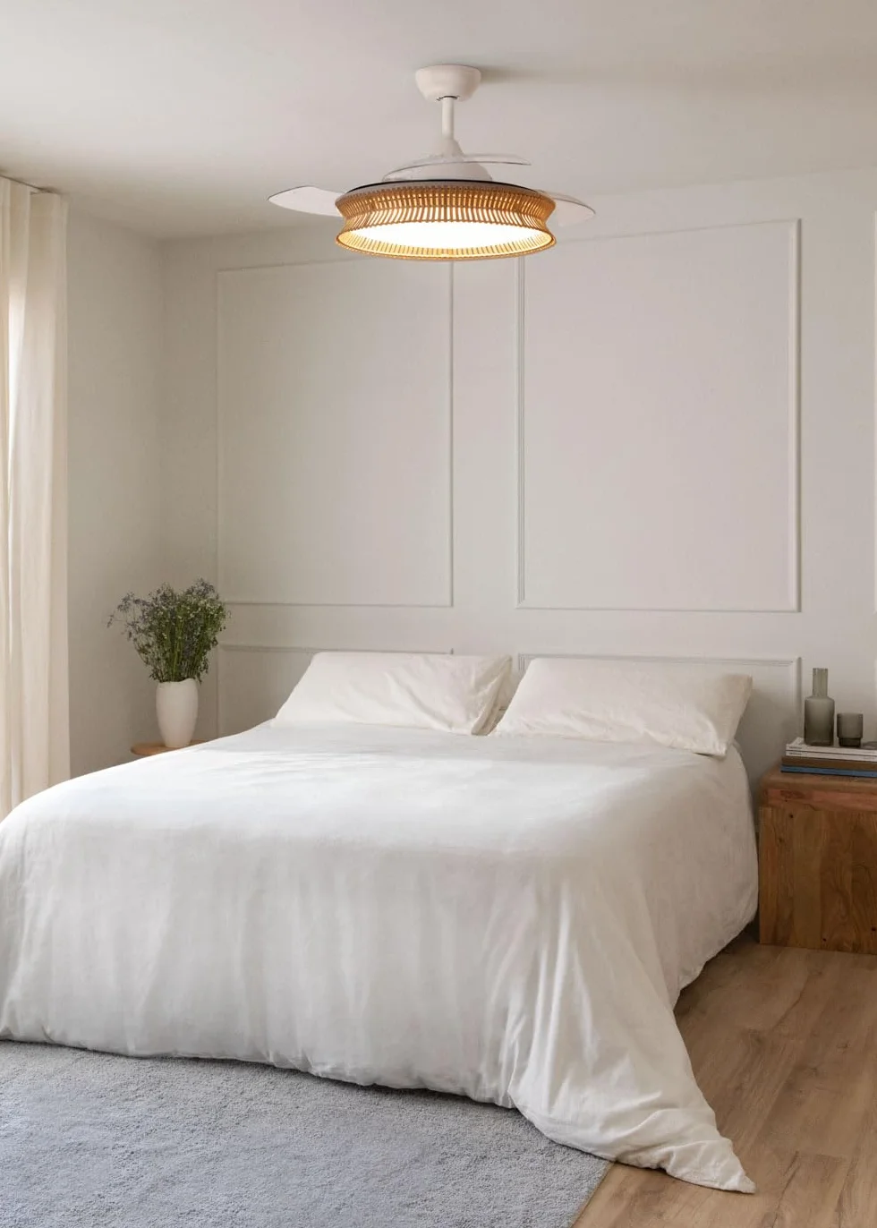 CREATE / WIND CLEAR/Ventilador de techo con luz blanco y mimbre nudo con mando / 40W, Ø108 cm, 6 velocidades, aspas retráctiles, 3 temperaturas de luz, función verano-invierno