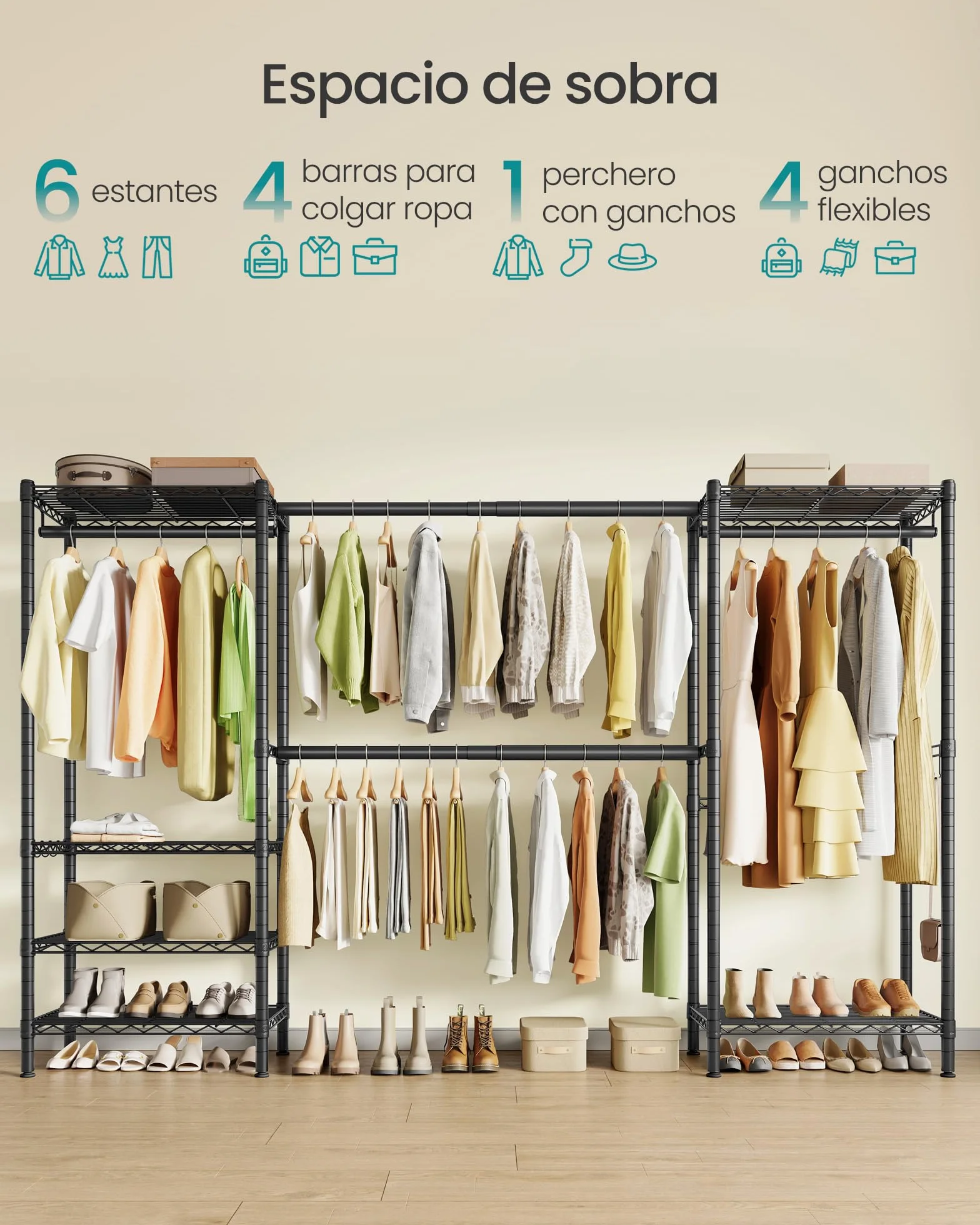SONGMICS Burro para Ropa, Armario Portátil con Baldas de Rejilla Ajusables y Barras de Colgar Extensibles, Ganchos, 40 x (177-220) x 193 cm, Negro Tinta LGR438BH01