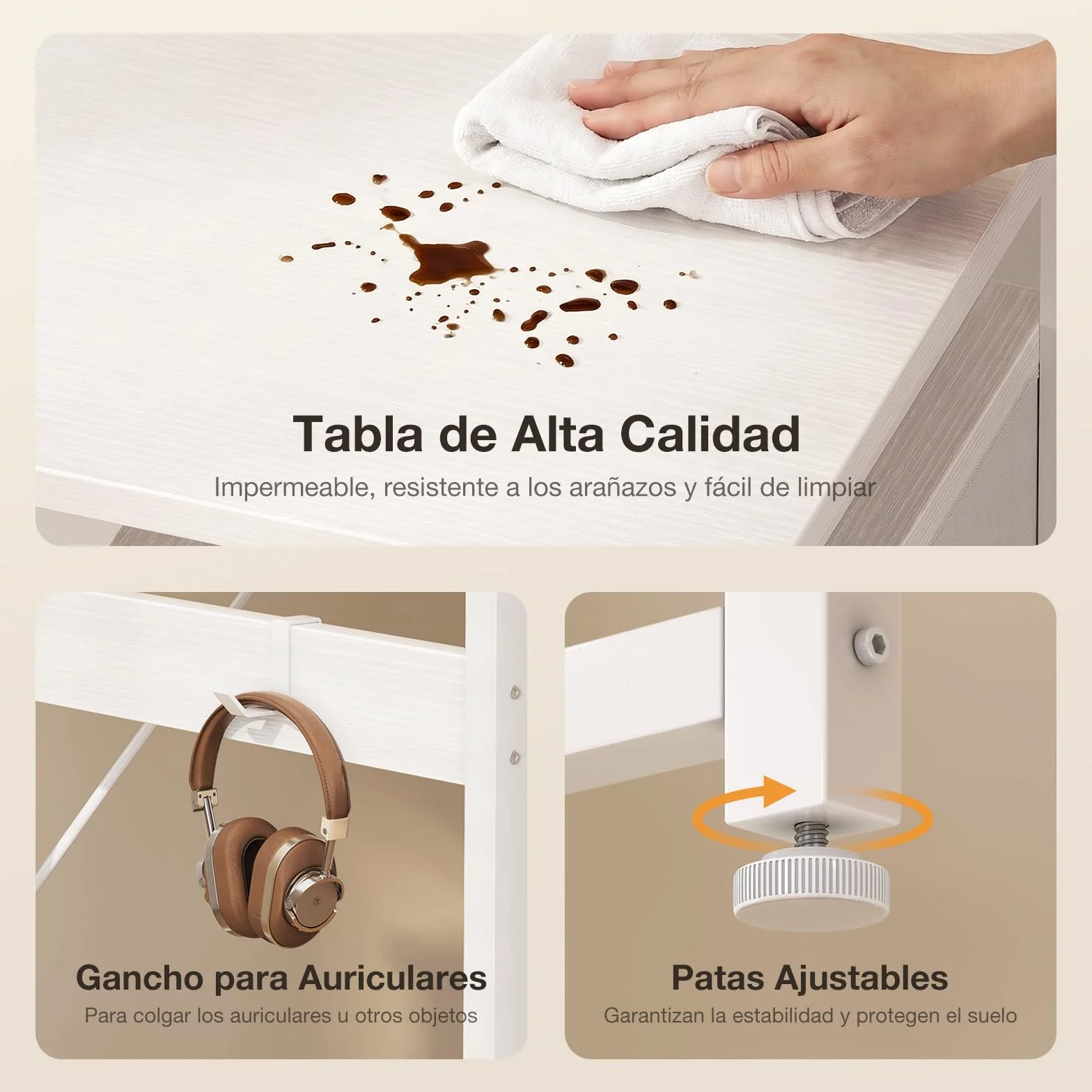 ODK Escritorio con 3 Cajones de Tela, 100x48cm Mesa de Ordenador con Estantes Escritorio Oficina con Puerto y Toma de Carga USB para Oficina, Salón, Hogar, Blanco